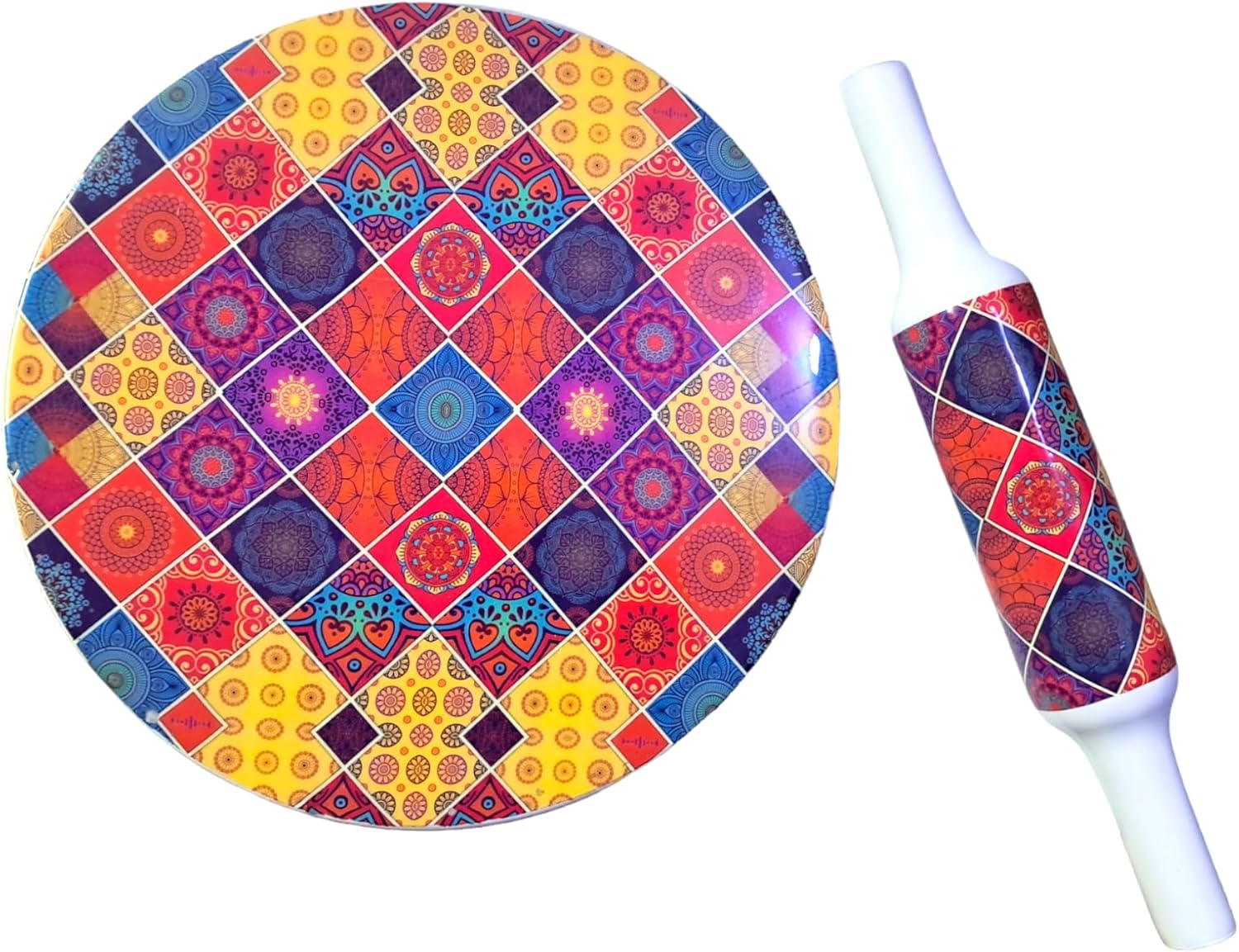 Samyuktha Traditional Indian Printed Design Handicrafts Marble chakla Belan Set (Wooden Belan) / Rolling Pin and Marble Board/Roti Maker