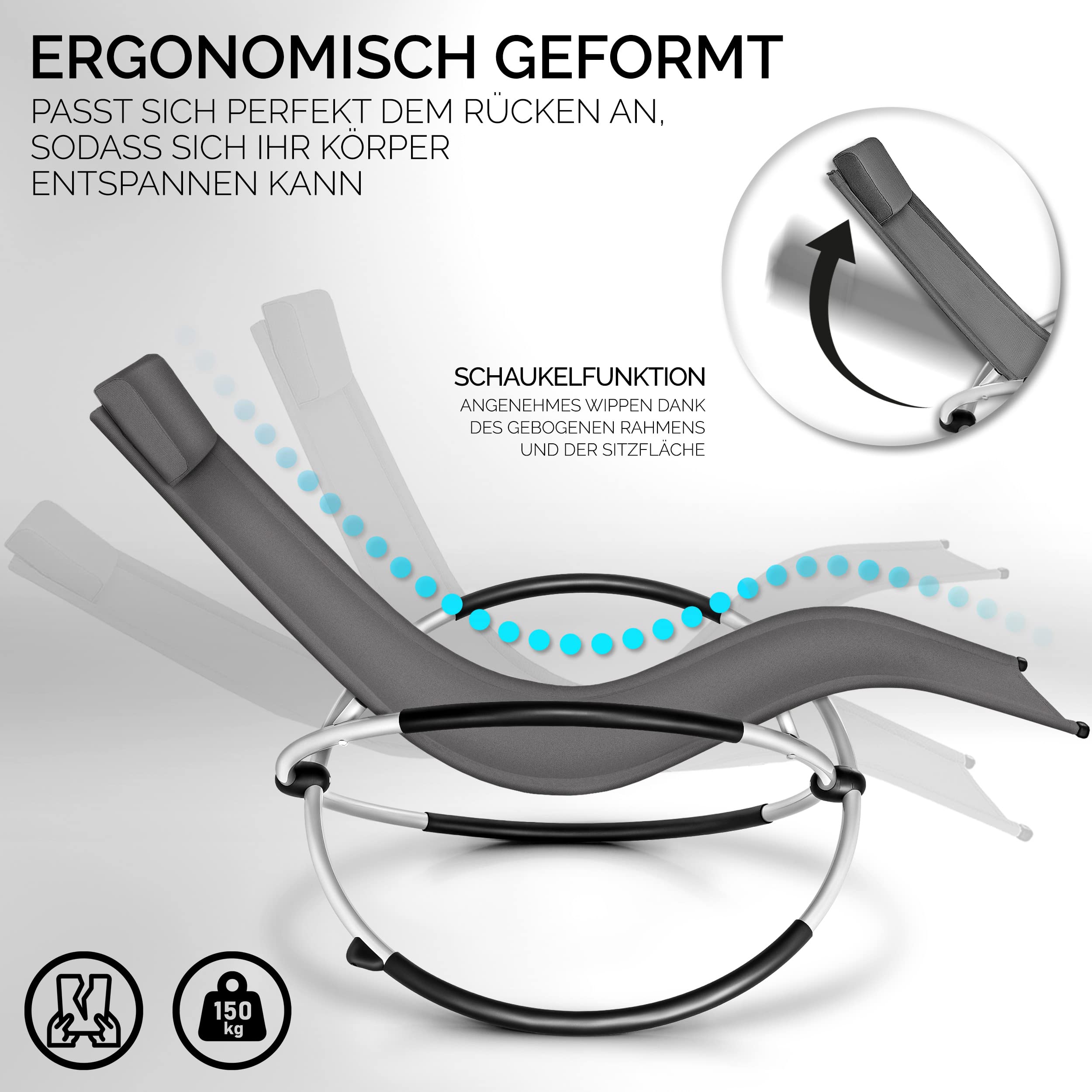 tillvex® Relaxliege Garten Wetterfest bis 180 kg | Liegestuhl atmungsaktiv | Gartenliege Schwungliege Outdoor | Sonnenliege Liegestuhl Terrasse, Balkon & Camping | Schaukelsessel Relaxsessel ergonomisch