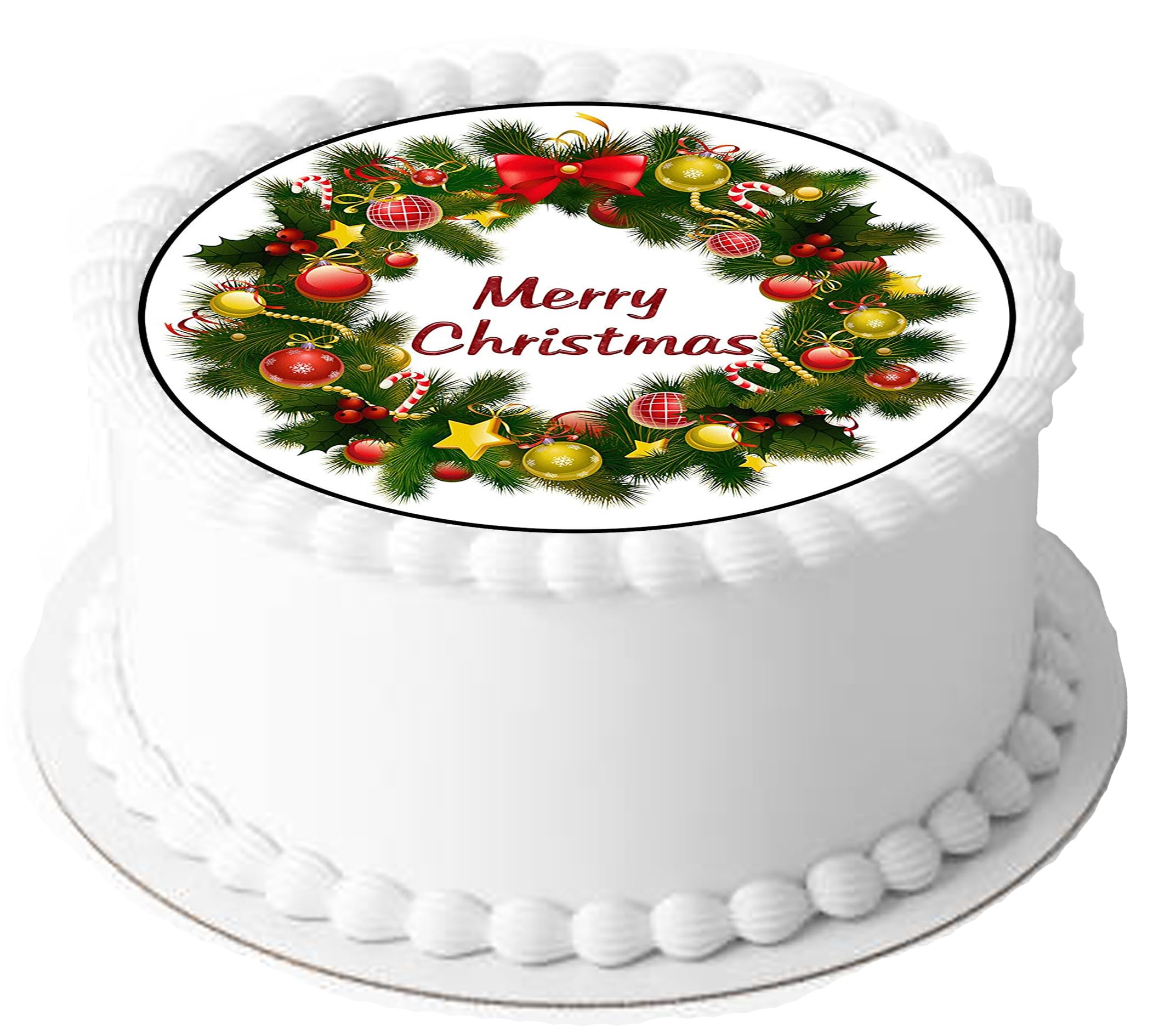 Merry Christmas Wreath on Decor Icing Sheet Edible Cake Topper - Perfect for Decorating Larger Cakes