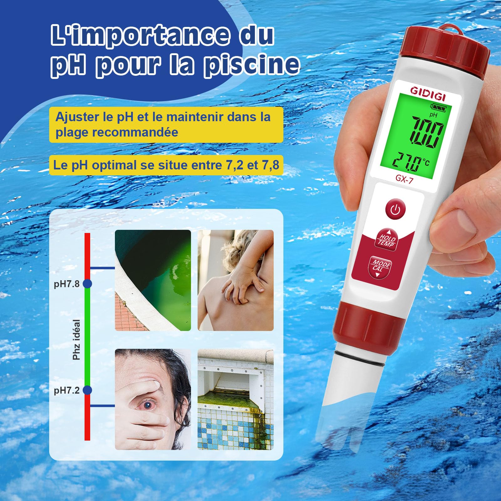 Testeur Eau Multifonction 7-en-1 : Piscine (Sel/Chlore/pH), Aquarium, Hydroponie. Mesure Salinité, ORP, Température, Conductivité Électrique, TDS
