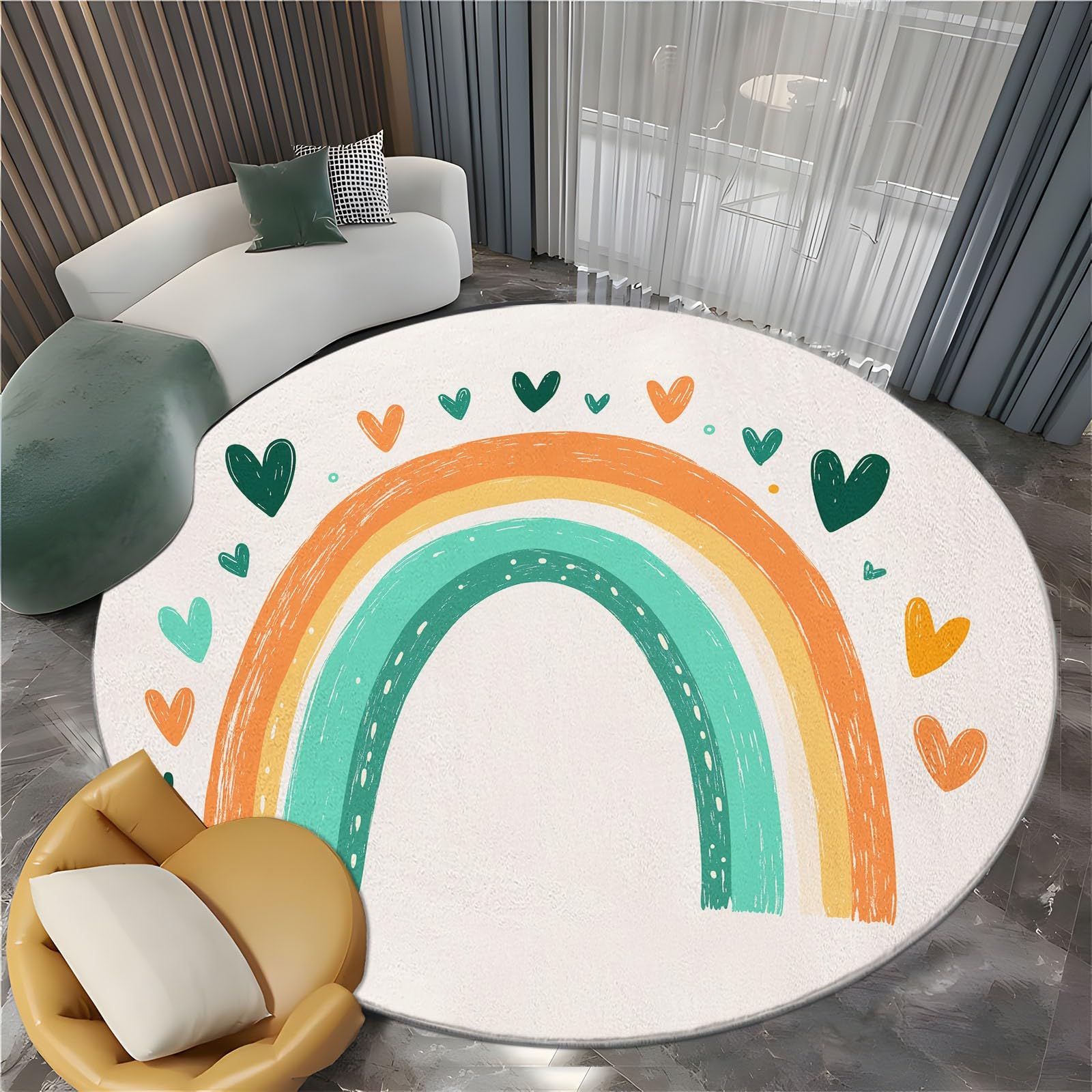 Générique Beige Tapis Rond Lavable en Machine 100 cm, Dessiné À La Main Bohème Arc en Ciel - Tapis Rond imprimé antidérapant à Poils Courts pour Salon, Chambre d'enfant, décoration de Chambre