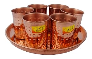 Shiv Shakti Arts Pure Copper Glass Set with Plate Serving Purpose - Drinkware - Dinnerware Tableware Hammer Design