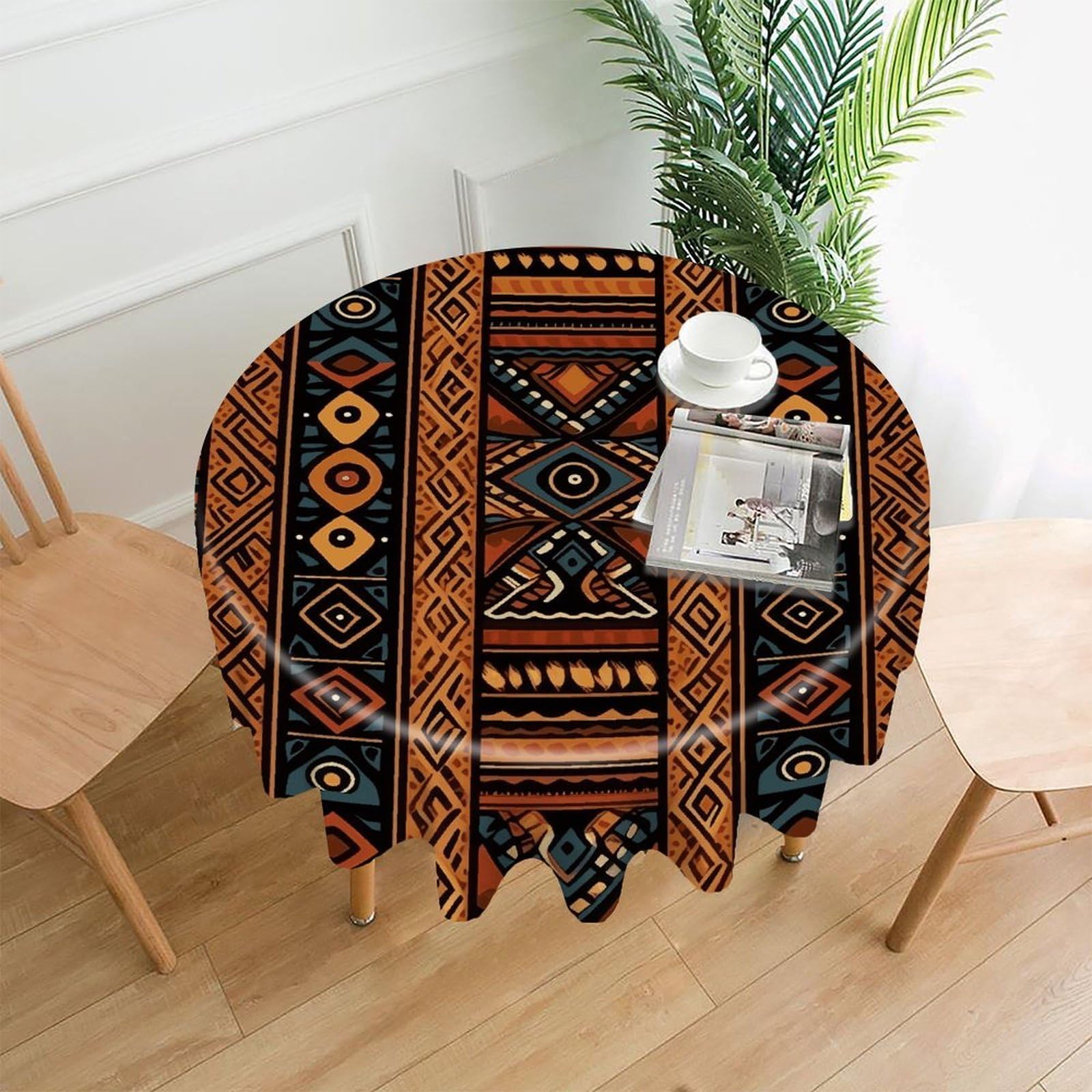 VstaDank Traditional African Design Pattern Tablecloth Easy to Clean Polyester Round Table Cover Washable Round Table Cloth Wrinkle-Free Circle Decoration Tablecloth for Kitchen Dining Room 60"