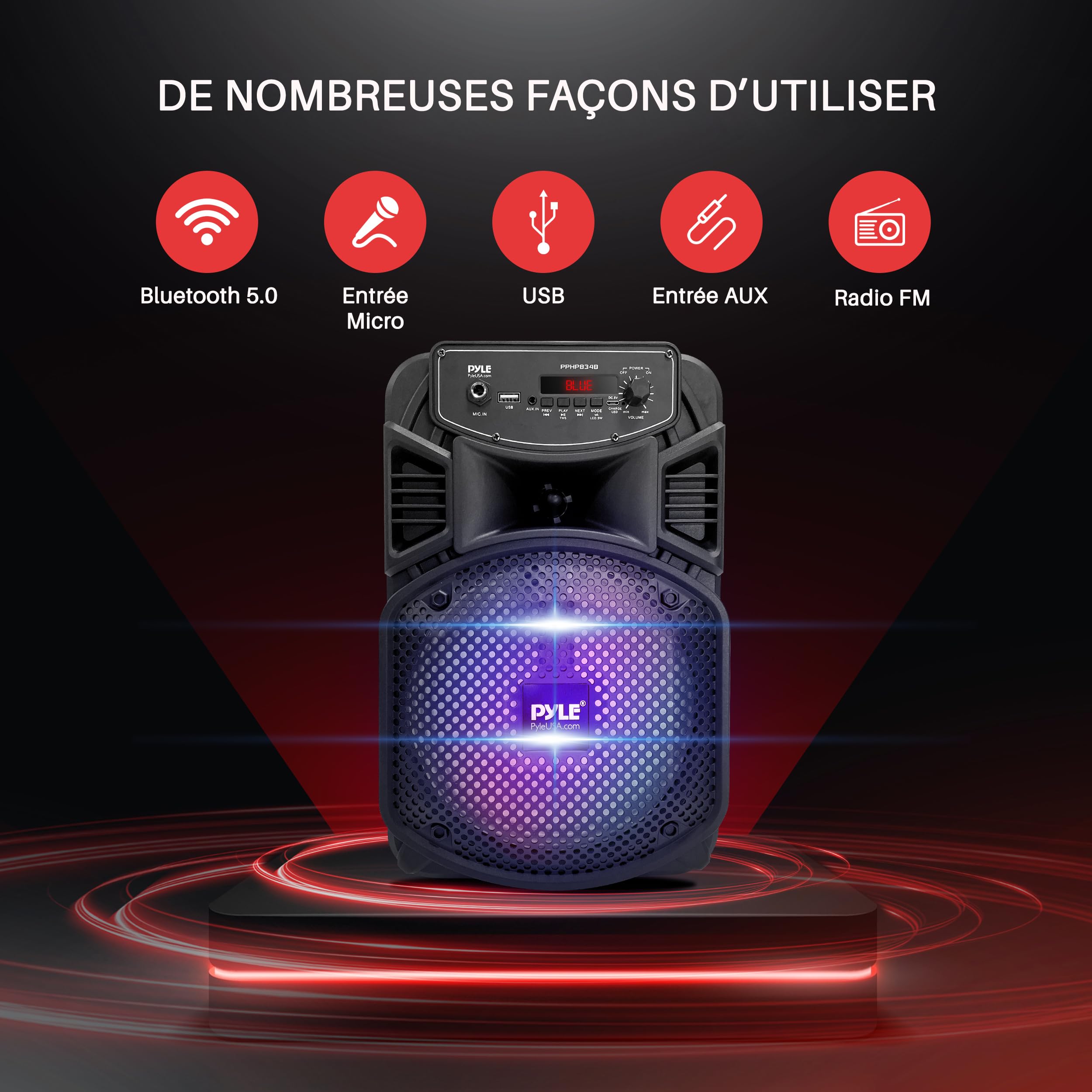 Pyle Enceinte Bluetooth Puissante -300W Enceinte Sono Portable Extérieure/Intérieur Rechargeable avec Caisson de Basses, Tweeter, Entrée Microphone, lumières de fête, MP3/USB, Radio, télécommande