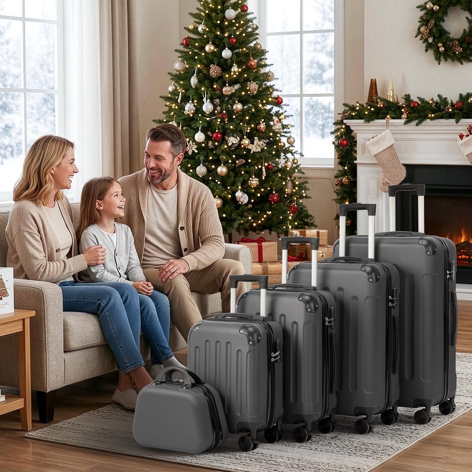 LALAHO Set de 5 Valises avec Vanity Case, Valise Grande Taille/Cabine avec Renforts d'angle, Petite Valise, Bagage Suitcase en ABS (Gris foncé)