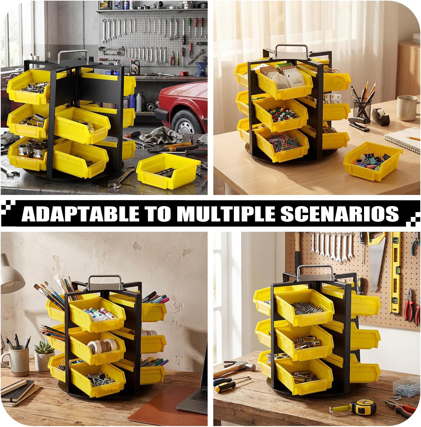 Geelin 12 Bins Rotating Storage Bins Tool Organizer 3 Tiers Hardware Crafts Small Parts, Nuts and Bolts, Revolving Storage for Workshop, Shed, Garage, Home (Yellow)