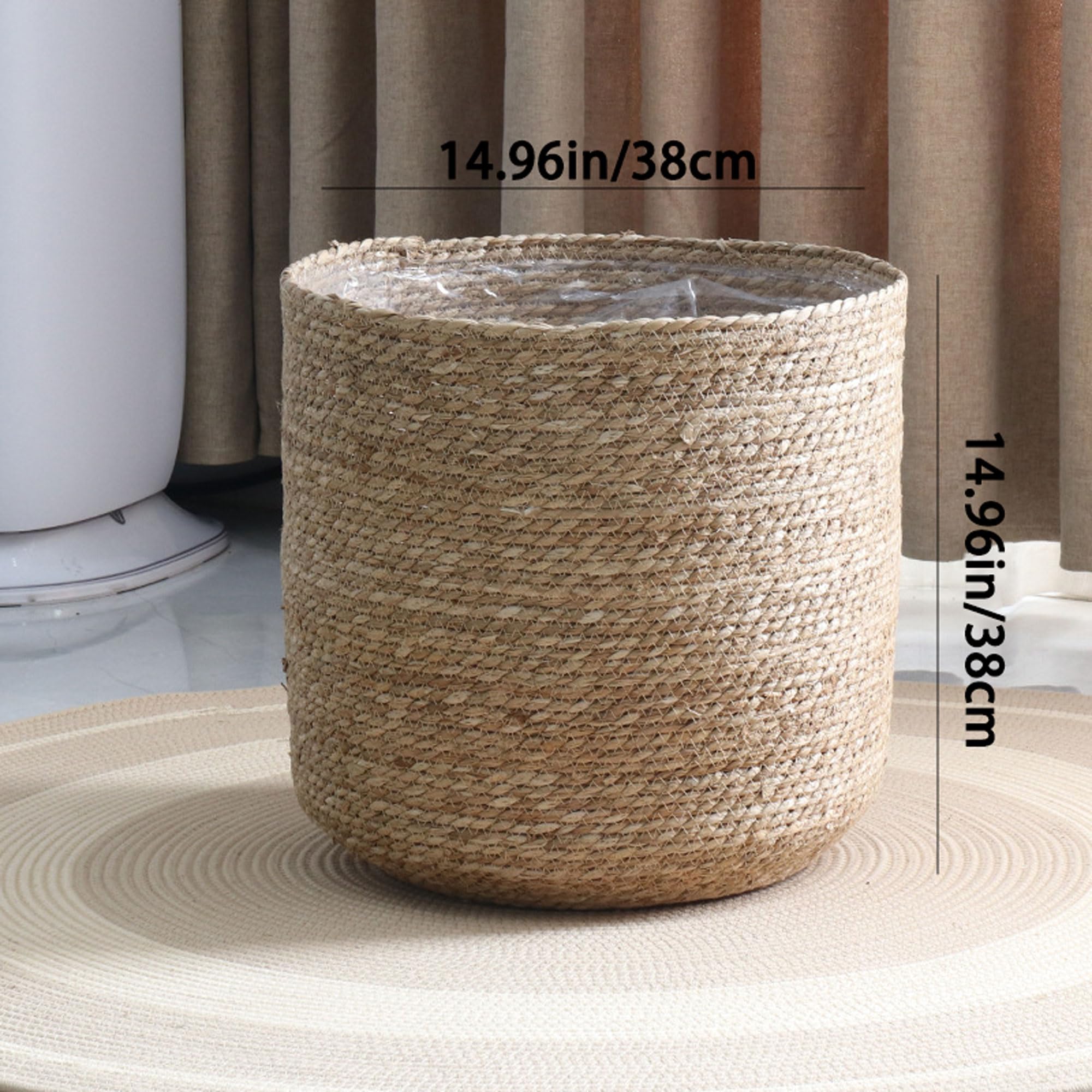 1 Panier Tressé en Jonc, Pot Plante Naturel Boho avec Anses, Panier Rond Décoratif en Osier pour Plantes Intérieur et Extérieur, Déco Arbres Maison(Size:Grand)