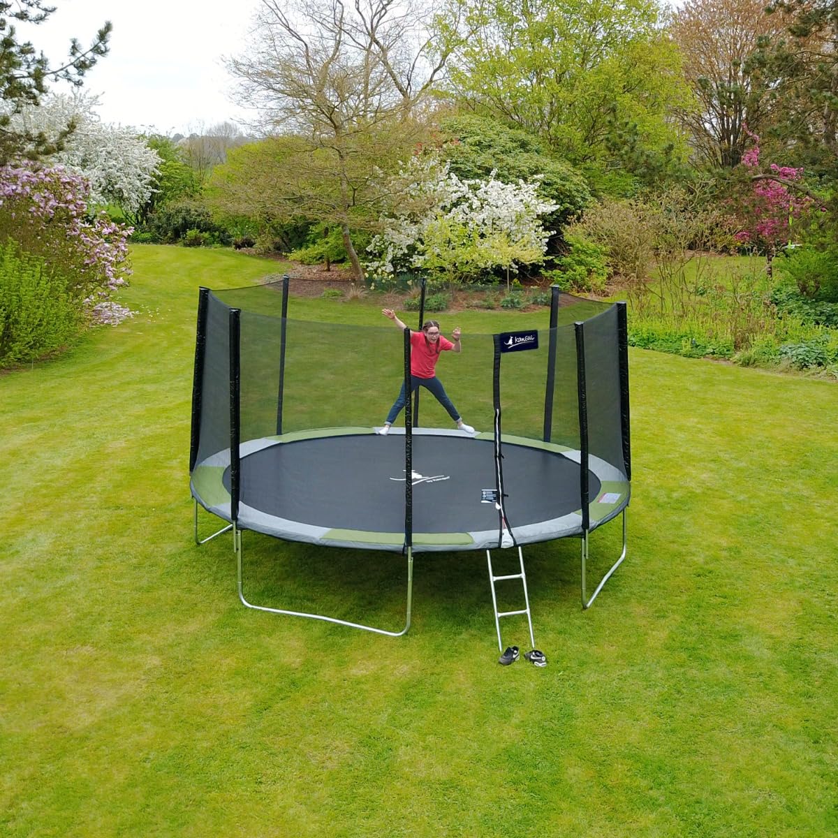 Kangui - Trampoline Rond avec Filet de sécurité, échelle, bâche et kit d'ancrage | Vert | Ø250 - Ø300 - Ø360 - Ø430cm | RALLI