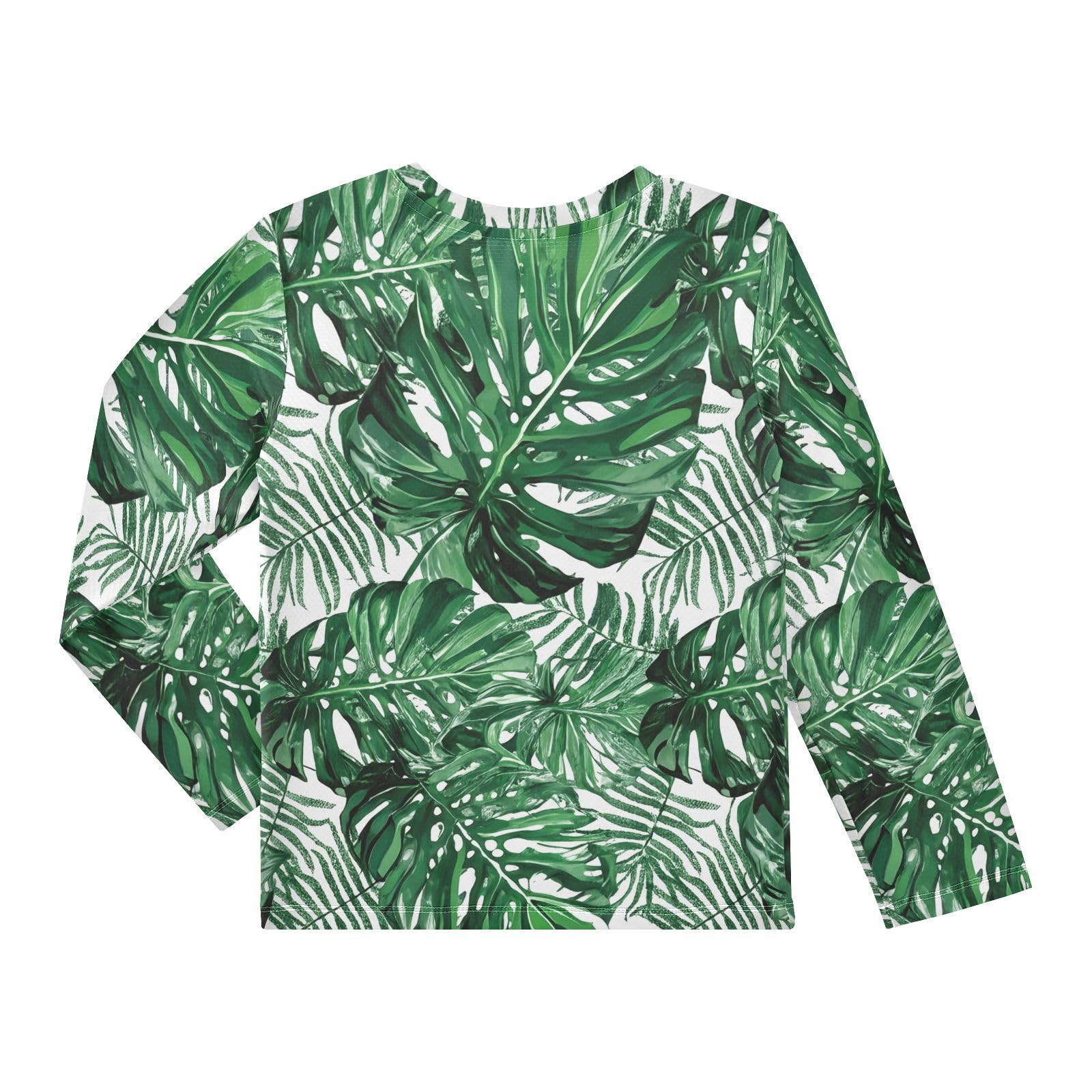 DOMIKING Green Monstera Fern Leaves Boys Long Sleeve Rashguard Shirt Kids Quick Dry Swim Shirt for Swimming Pool Beach 9-10T