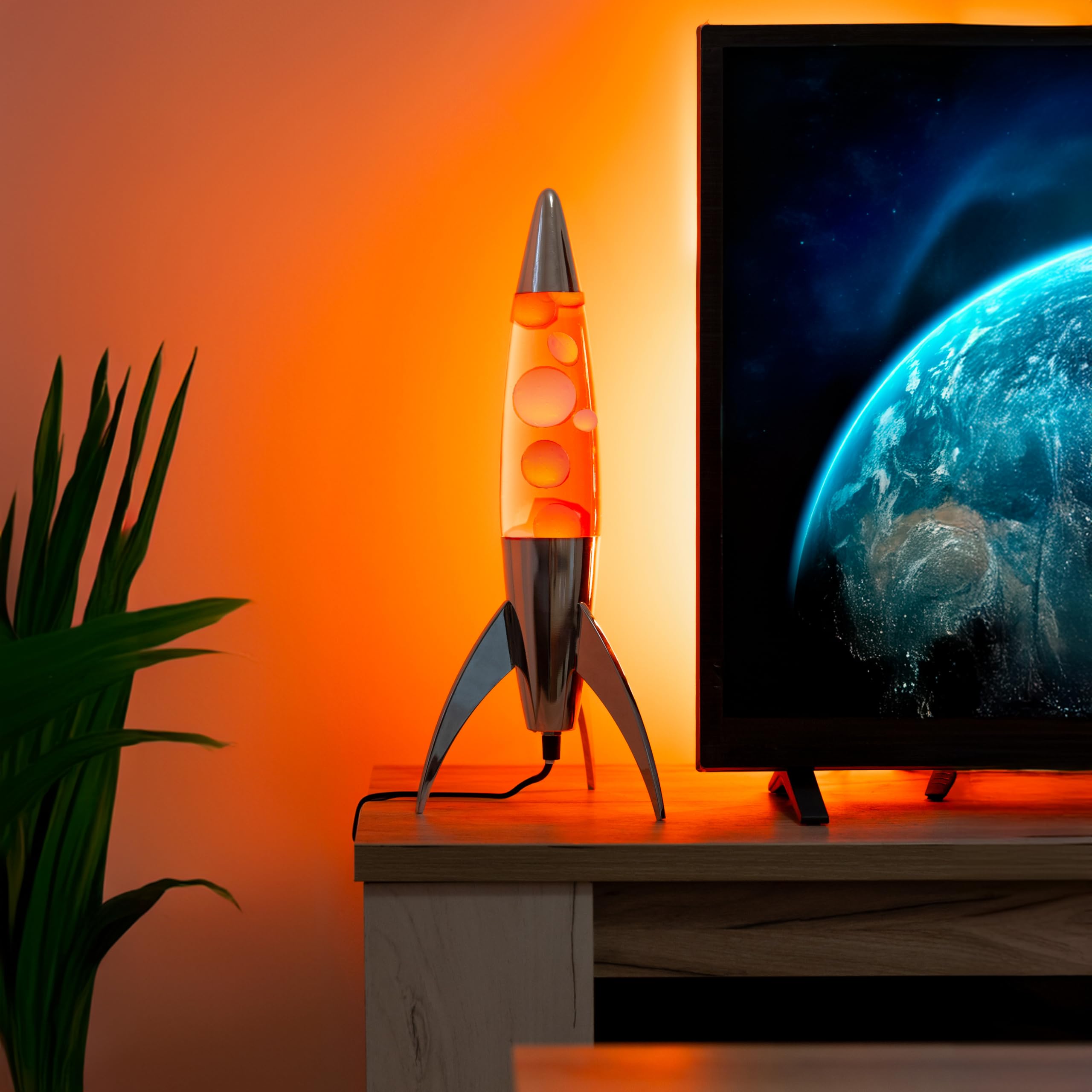 Fisura Lavalampe Rocket Orange verchromter Sockel Retro-Lampe Ersatzlampe 20 cm x 20 cm x 45 cm
