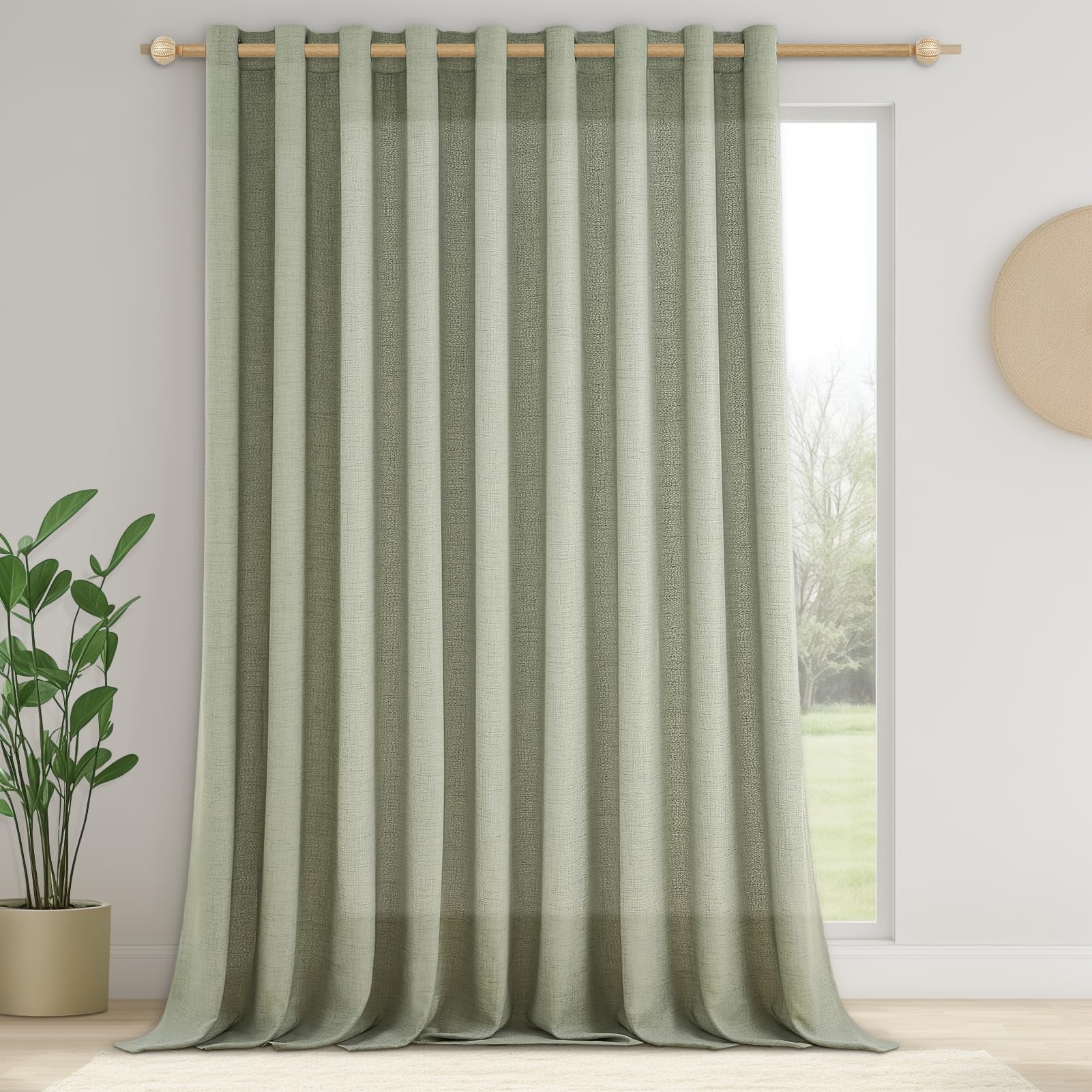 CUTEWIND Leinen Vorhang mit Ösen Lichtdurchlässig Ösenschal Salbeigrün 1 Stück H 245 x B 300 cm Voile Gardinen Leinenoptik für Wohnzimmer Schlafzimmer Große Fenster Curtains Living Room