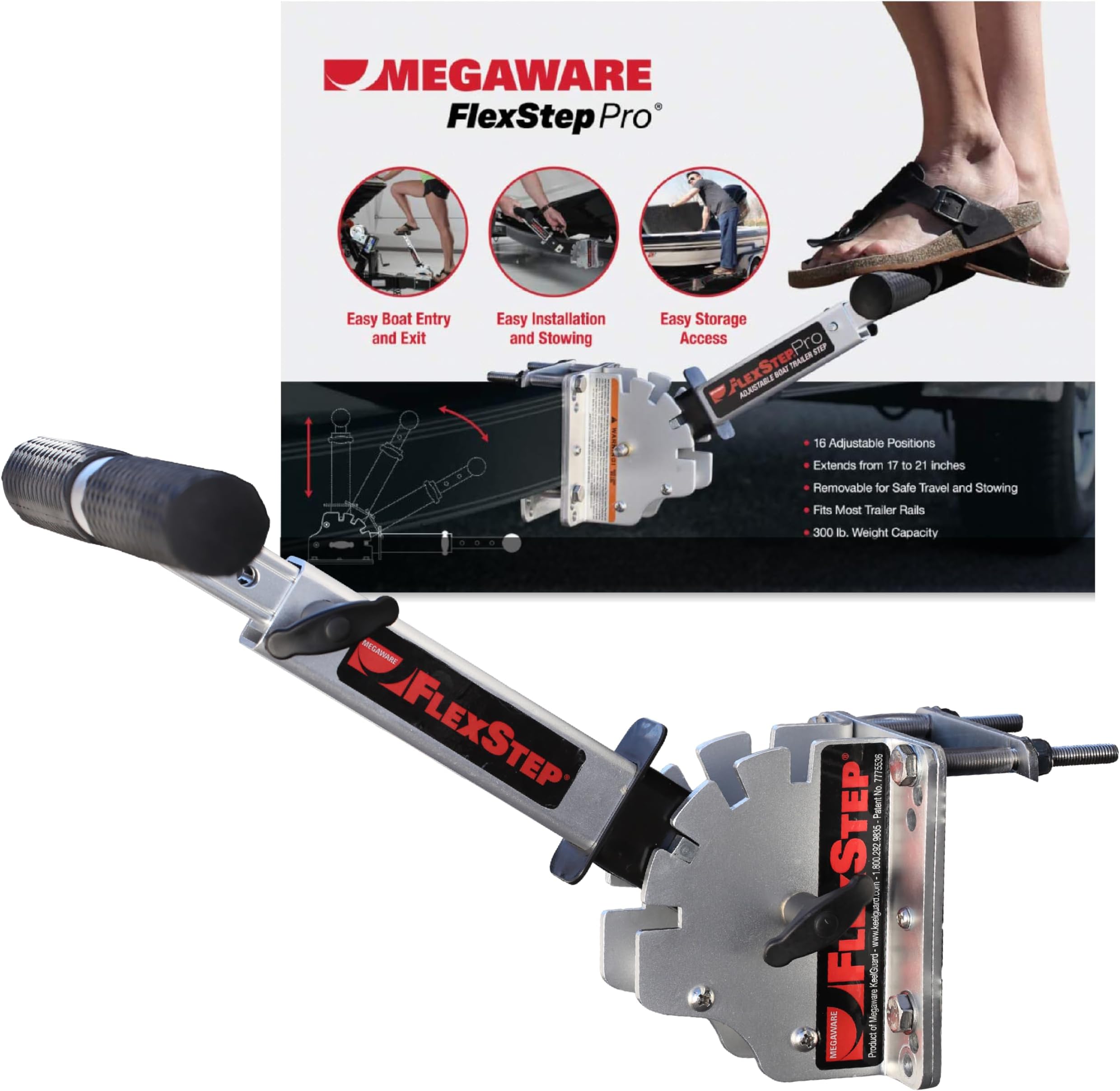 MEGAWARE KEELGUARD FlexStep Pro Boat Trailer Step, 16 Adjustable Positions, 300-lb Capacity, Lightweight Marine-Grade Aluminum, Mounts Easily, Non-Slip Grip, Quick Detach Feature for Storing