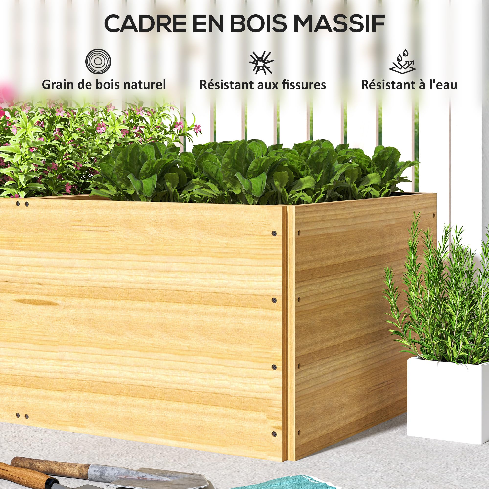 Outsunny Jardinière en Bois, carré Potager Exterieur Bois, 3 Compartiments de Plantation et Doublure Inclus, bac à Fleurs pour légumes Herbes Fleurs dans Jardin terrasse Patio, 140x60x40cm, Naturel