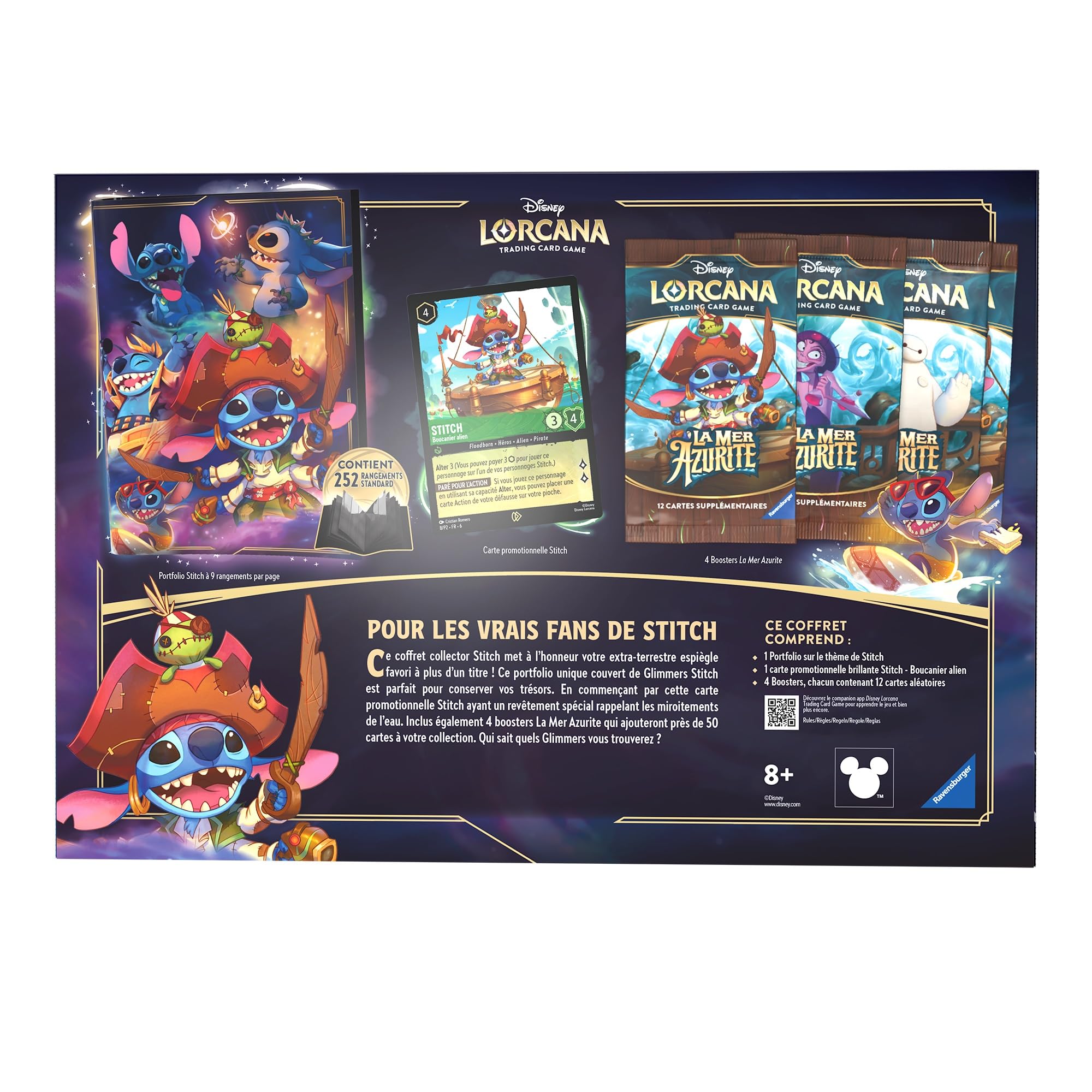 Ravensburger - Disney Lorcana TCG - Set 6 La Mer Azurite - Coffret Cadeau Collector - Carte Stitch brilante - 4 boosters de 12 Cartes aléatoires - Portfolio - Version française