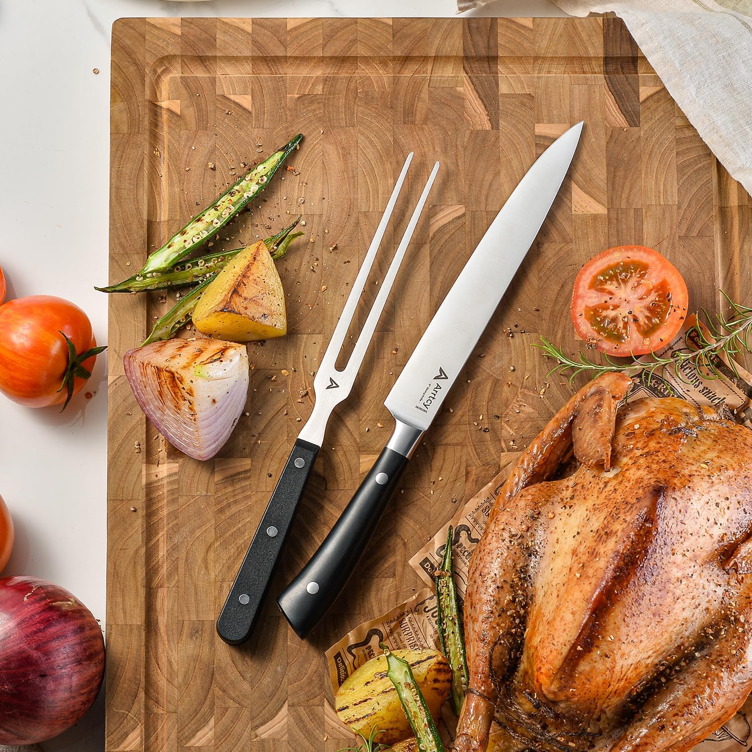 Turkey Carving Set,Full Tang Ergonomic Handle Carving Knife and Fork,German Stainless Steel Kitchen Tools for Turkey, Ham, BBQ,Includes Carving Fork & Knife with Gift Box - Image 2