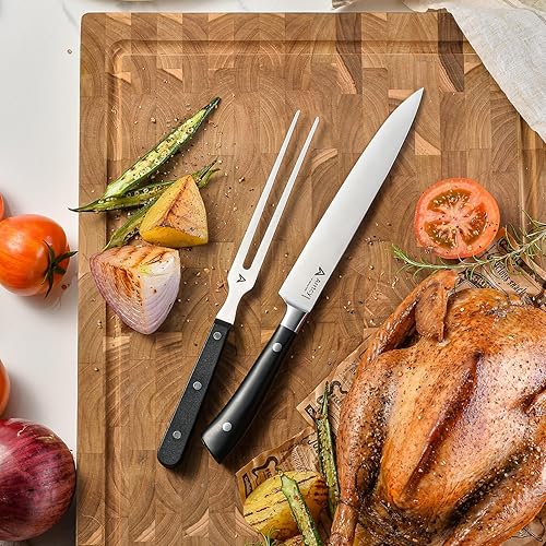 Miniatura 2 de Juego de tallado de pavo, cuchillo y tenedor ergonómico de espiga completa, herramientas de cocina alemanas de acero inoxidable para pavo, jamón,