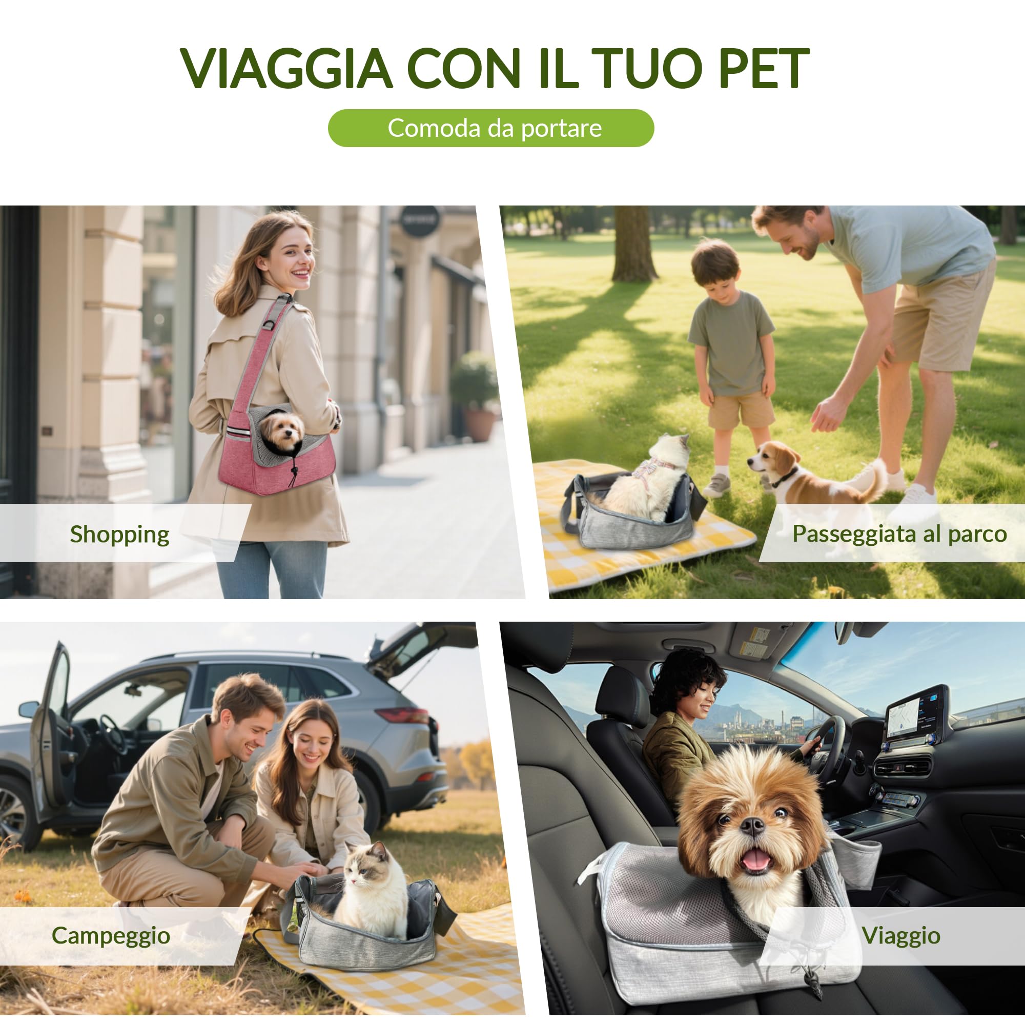 ALLSOPETS Borsa per Cani Piccoli e Gatti – Marsupio per Cani Traspirante per Cuccioli con Tracolla Regolabile e Tasca Laterale, Trasportino da Viaggio e Campeggio (Grigio Nero)