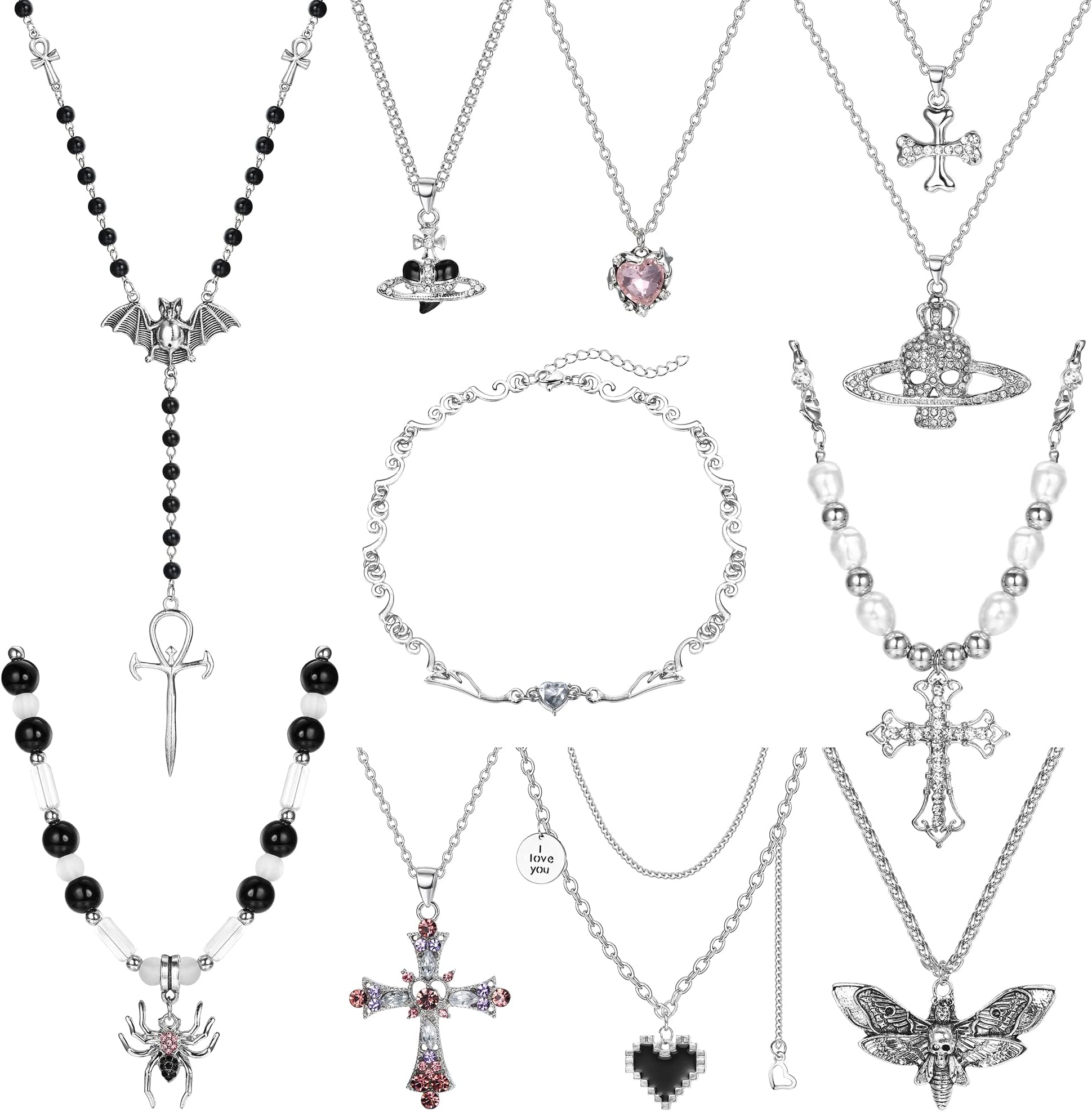 Kakonia10-12 Pcs Gothic Necklace Vintage Earrings Vintage Pendant Necklace Gothic Cross Necklace Jewellery Bat Spide Cross Heart for Women Men