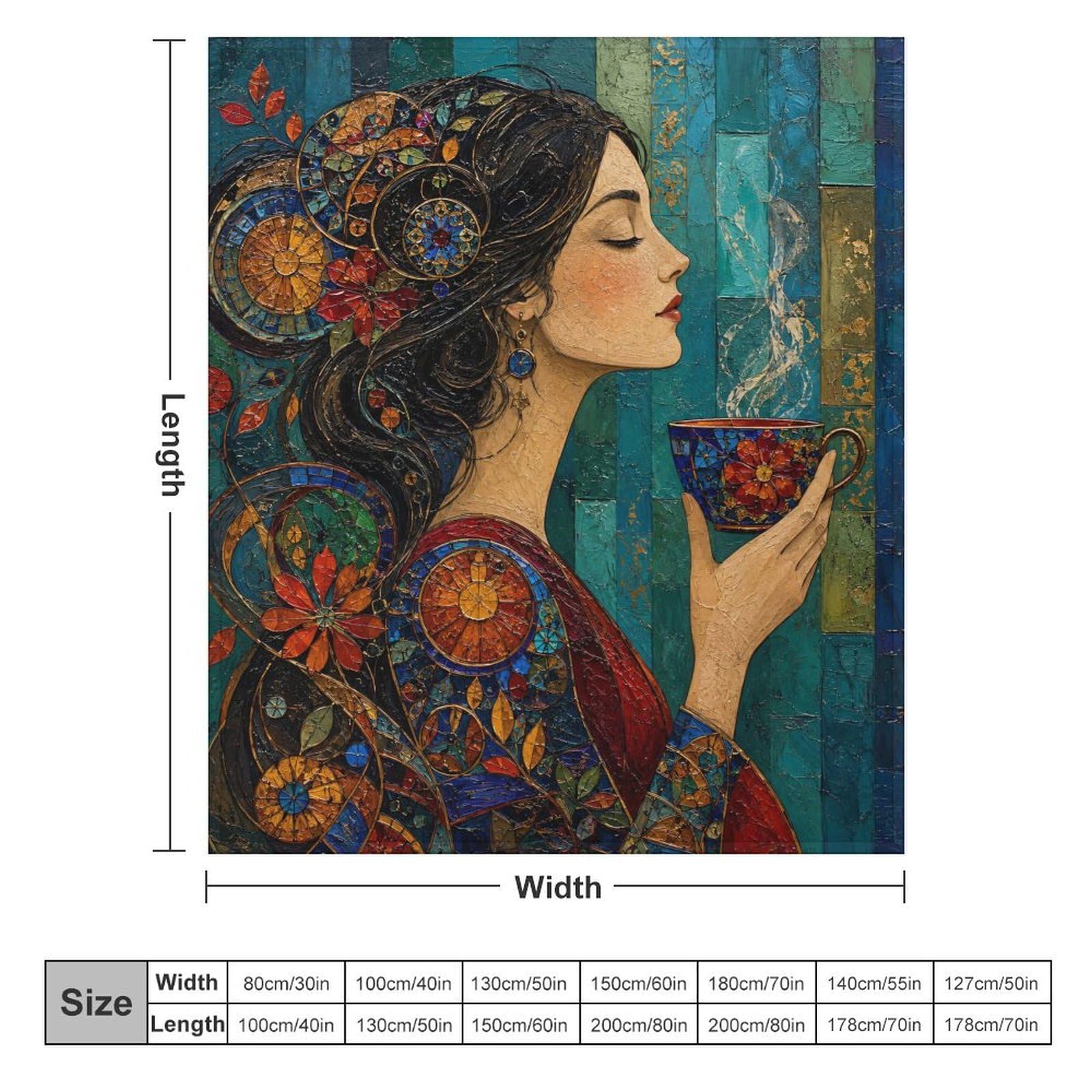 Donna con tazza da tè Coperta Arte del mosaico Coperta TV Calda | coperta divano morbida con Gioiello bizantino, per divano, letto, relax quotidiano, 175x200cm(70x80in)