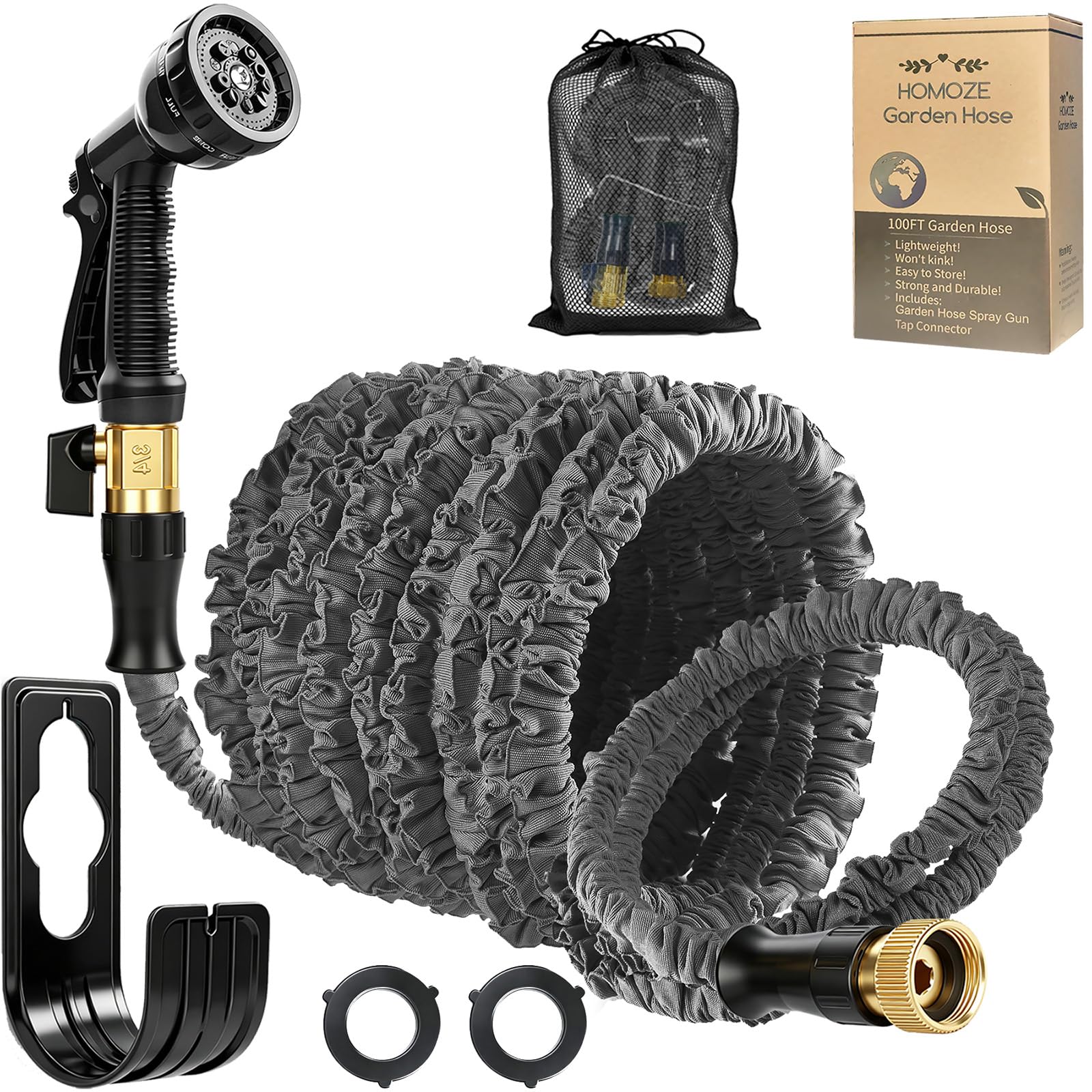 100feet Garden Hose Pipe Expandable Garden Hose with 3/4", 1/2" Fittings, Anti-Leakage - Flexible Expanding Hose with 8 Function Spray Nozzle by HOMOZE(Black, 100feet)