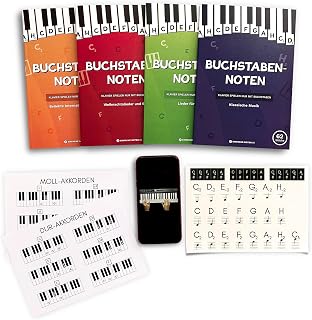 MEGA Paket der Buchstaben-Noten. Klavierspielen nur mit Buchstaben. 4 Bücher für Anfänger. 324 einfache Lieder & Videoaufnahmen + Klavier & Keyboard Aufkleber für Tastatur.