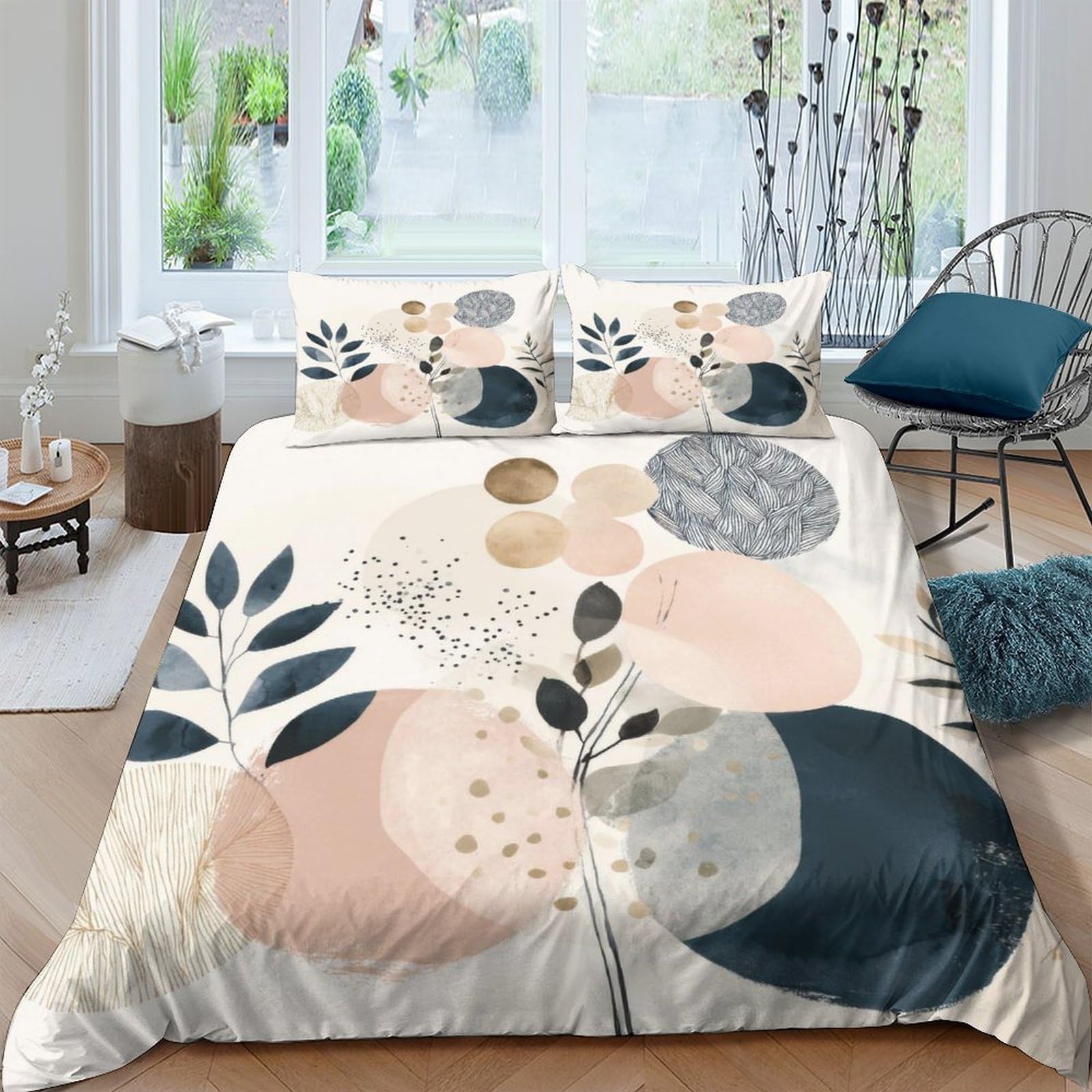 GPLZQXKJNH 3D Printed Abstract Botanical Duvet Cover Microfiber Soft Breathable Geometric Bedding Set with 2 Pillowcases for Bedroom Decor Single（135x200cm）