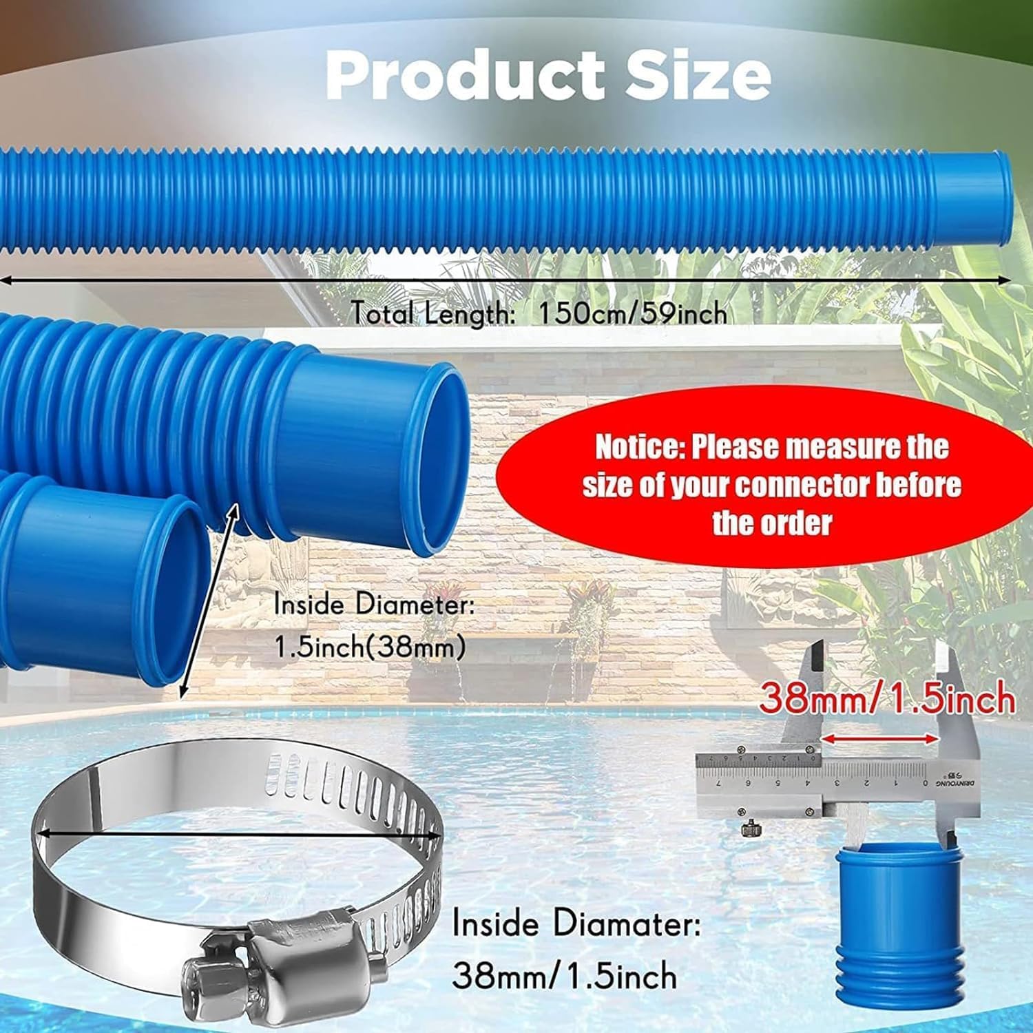2 mangueras de repuesto de 32 mm para piscina fuera del suelo, manguera de repuesto de piscina con 4 abrazaderas de manguera de metal, manguera de filtro de piscina para piscinas sobre el suelo (BLUE)