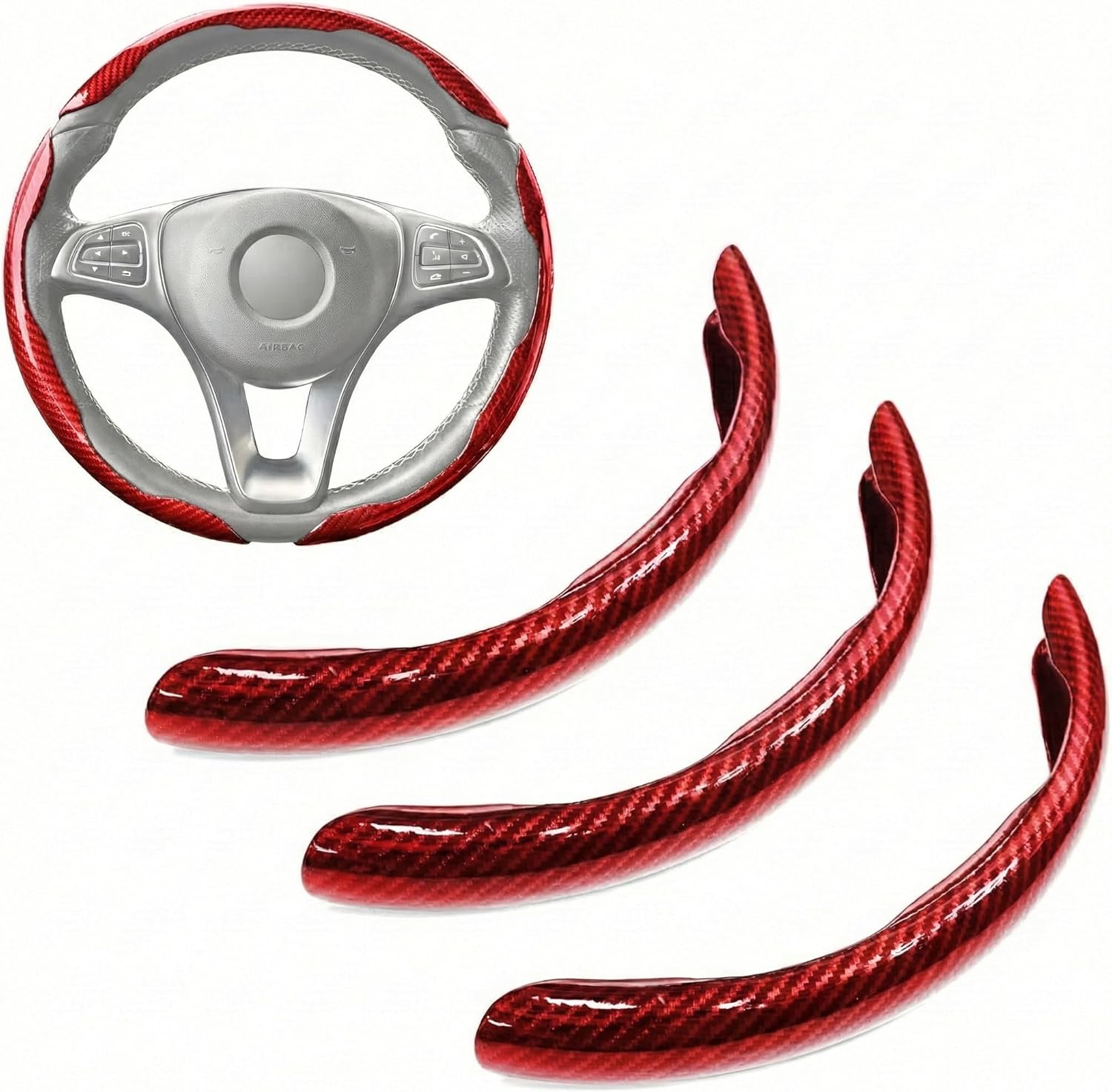 Carbon Fiber Steering Wheel Cover 3 Piece Set, Anti-Slip Steering Wheel Cover for Men/Women, Universal Car Accessories for Cars, SUVs, Trucks (Red)