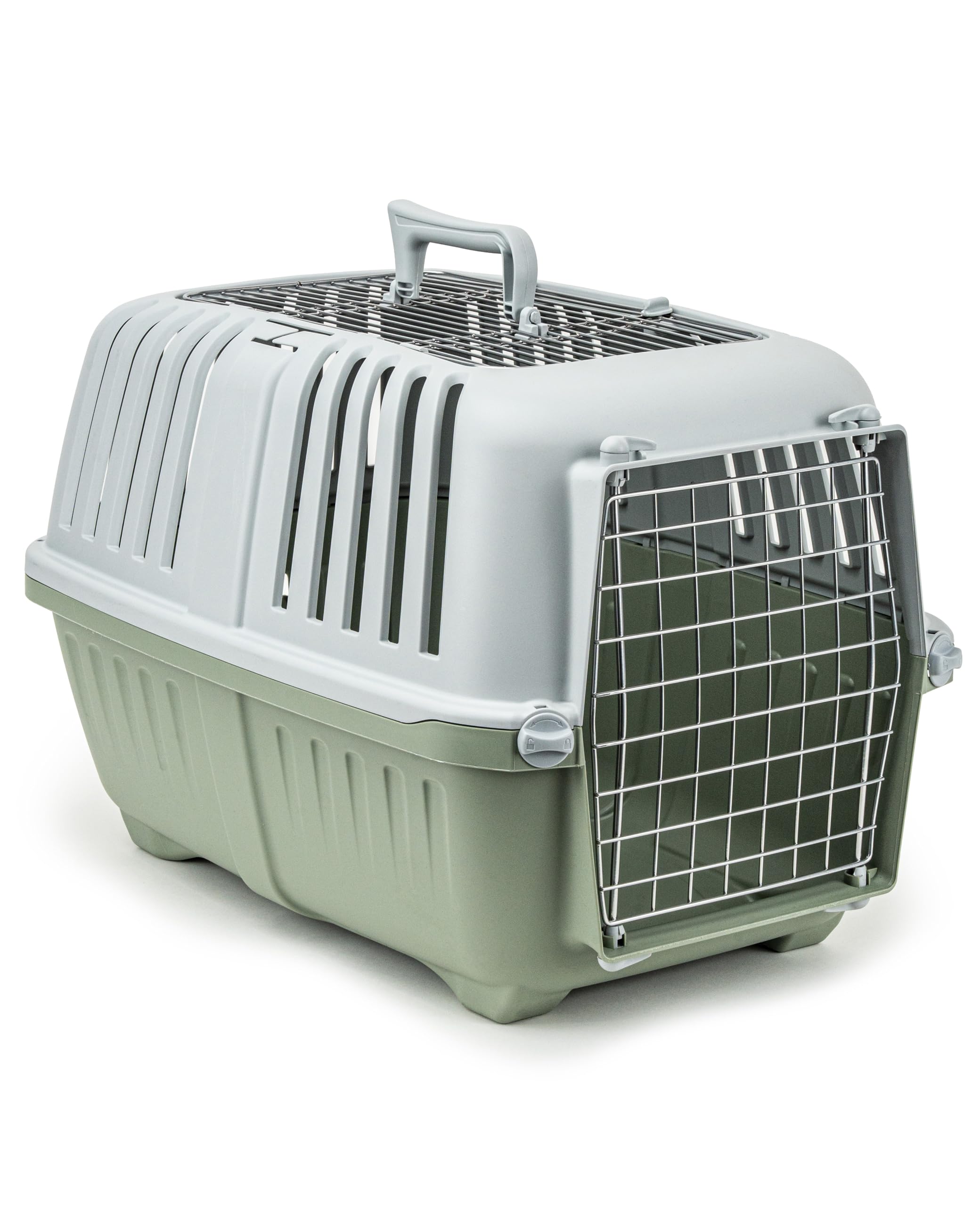lionto Trasportino per cani in plastica con griglia in metallo, 58,5x35,5x40 cm, chiusura pratica e maniglia, per gatti e piccoli animali, fino a 15 kg, verde