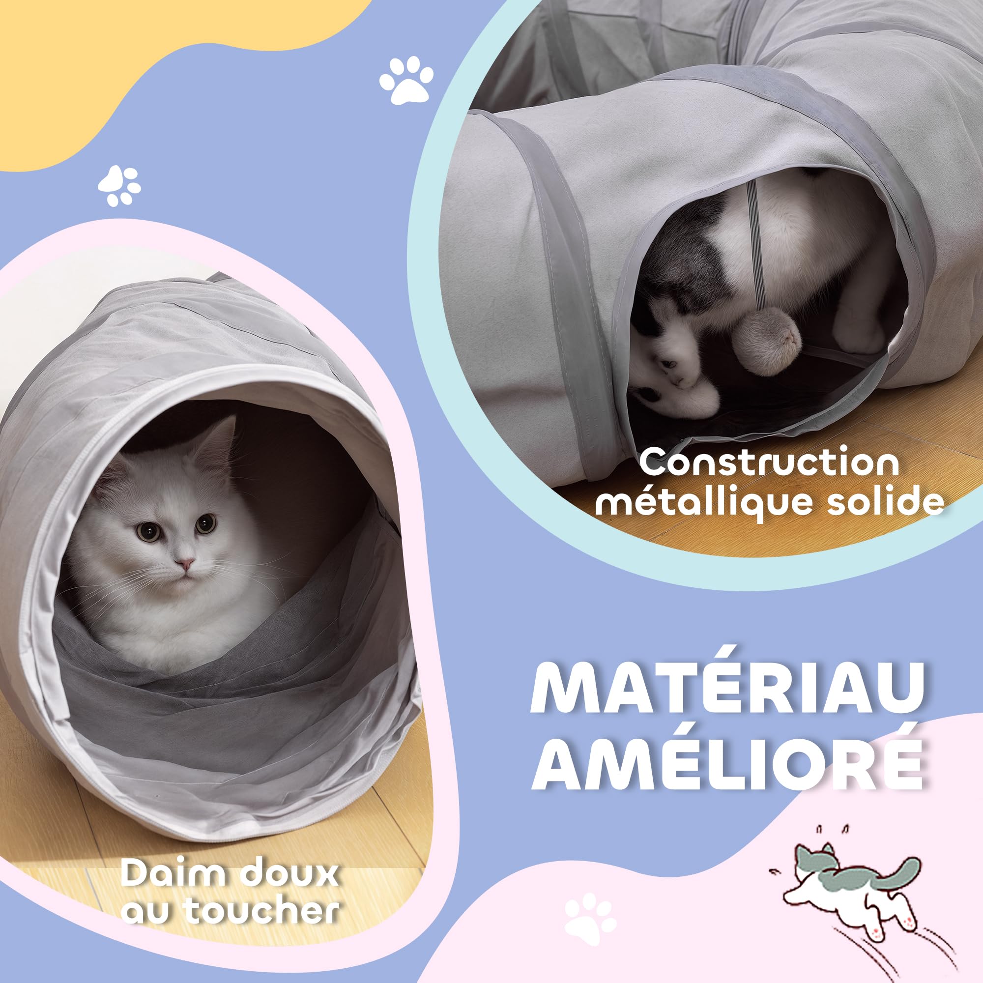 PawHut Tunnel pour Chat intérieur, Rond Tunnel avec lit Pliable avec Coussin, Trous pour balles et Judas, en Tissu suède Doux, Jeux interactifs pour Chatons, Chiots, Lapins et Petits Animaux, Gris