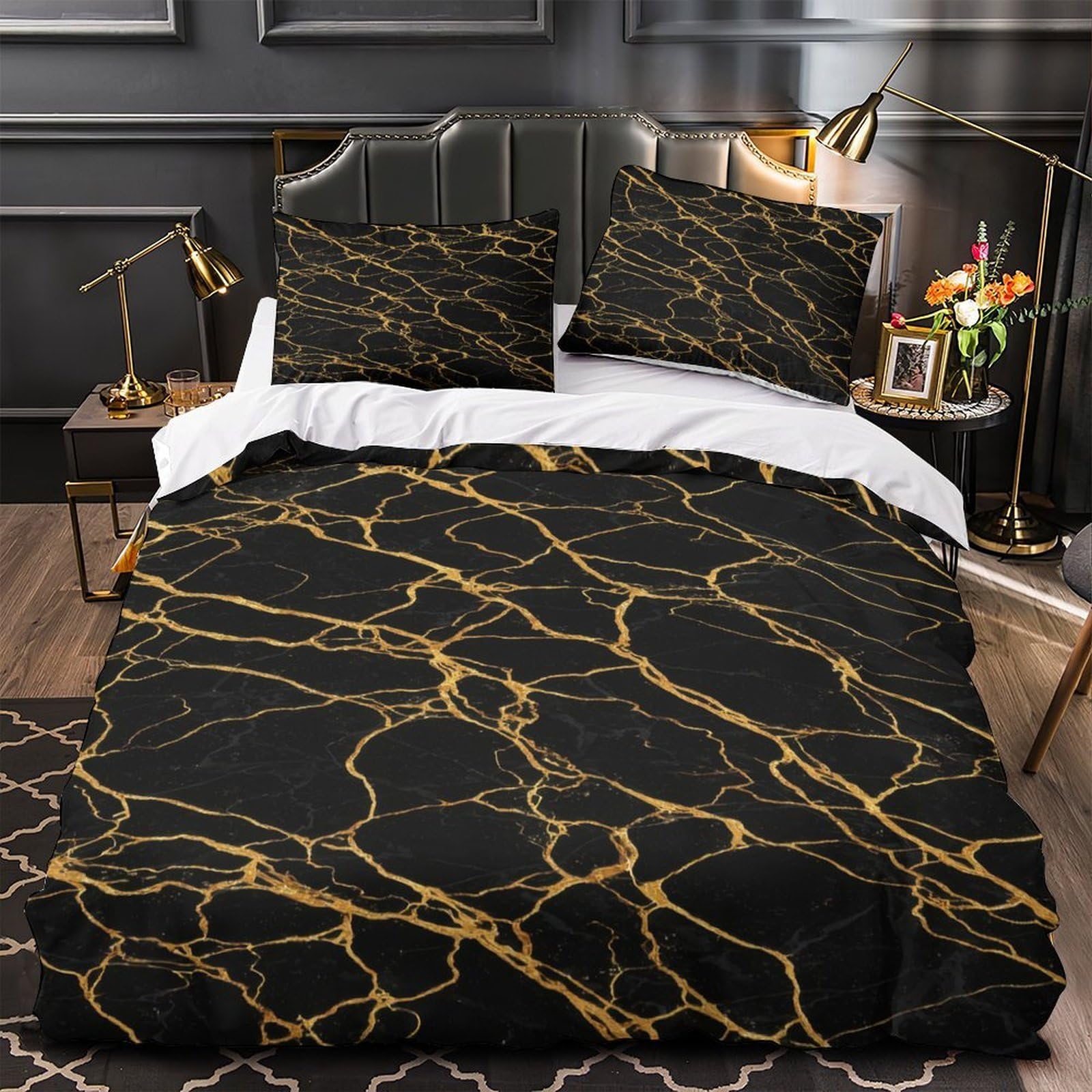 Housse de couette feuilles dorées parure de lit tropicale 260x220cm