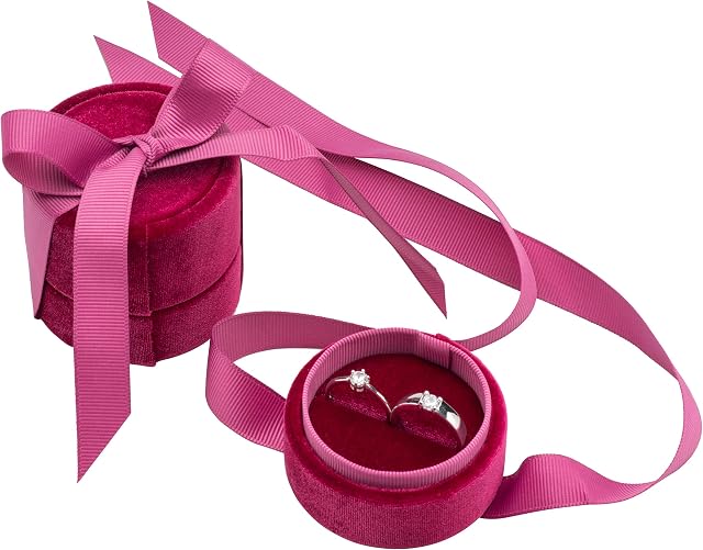 POKOFO Velvet Double Premium Round Ring Bearer Box Elegant Silk Bow Jewelry Storage Organizer Gift