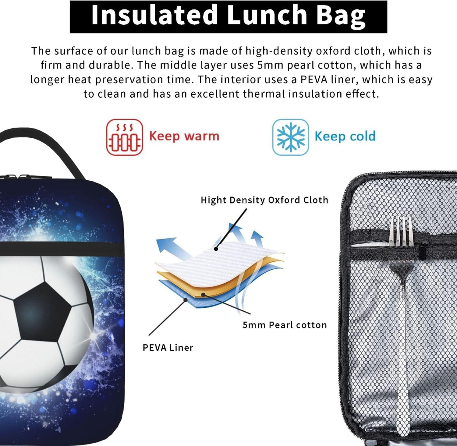 Sports Lunch Box with Soccer Pattern Print, Blue Insulated Lunch Bag for Kids Teens Boys Girls, Reusable Lunch Bag Ice Packs Containers Tote Handbag with Water Bottle Holder and Handle - Image 5