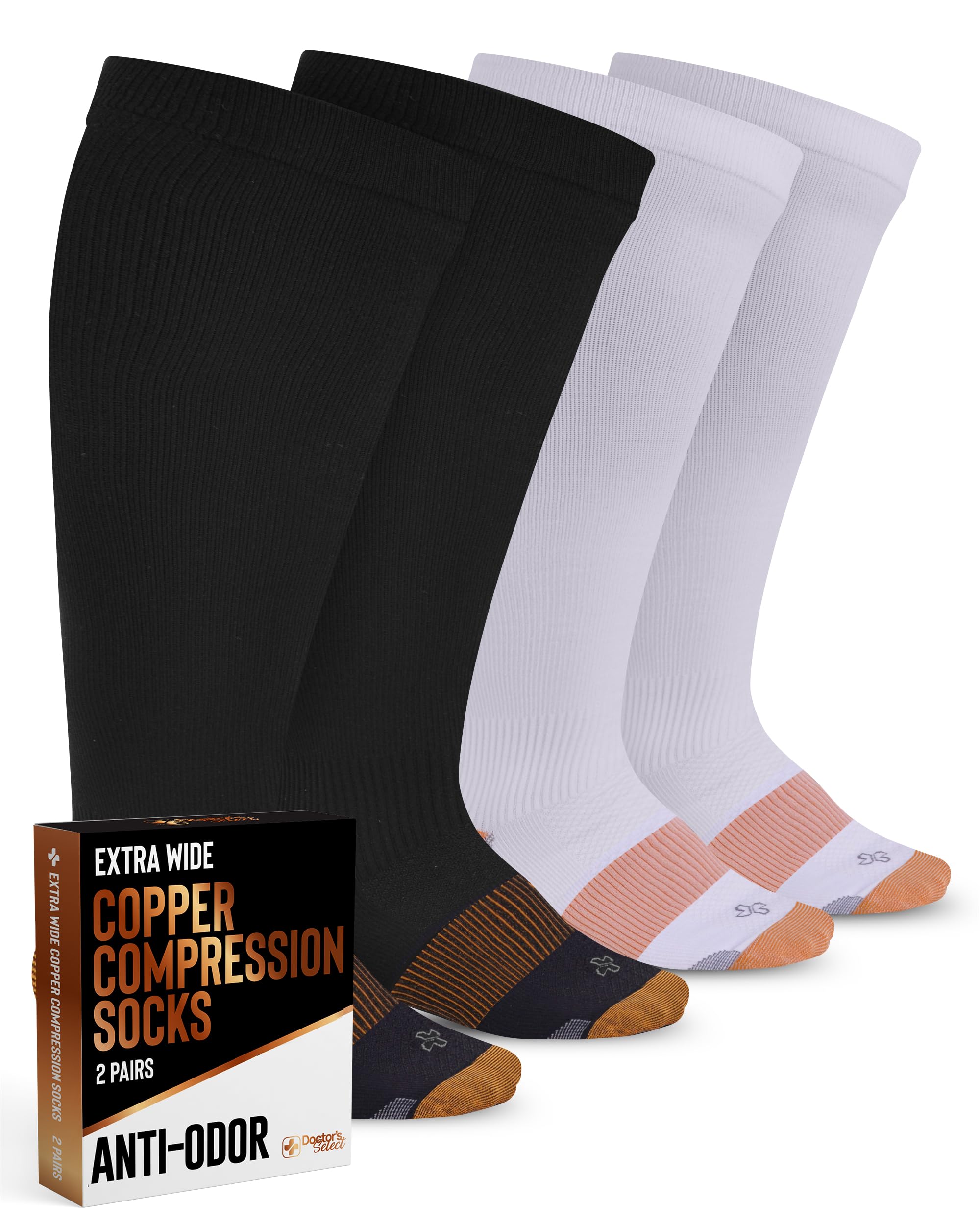 Doctor's Select Copper Plus Size Compression Socks Wide Calf - 2 Pairs | 20-30mmHg Extra Wide Calf Compression Sock Women | Compression Sock for Women