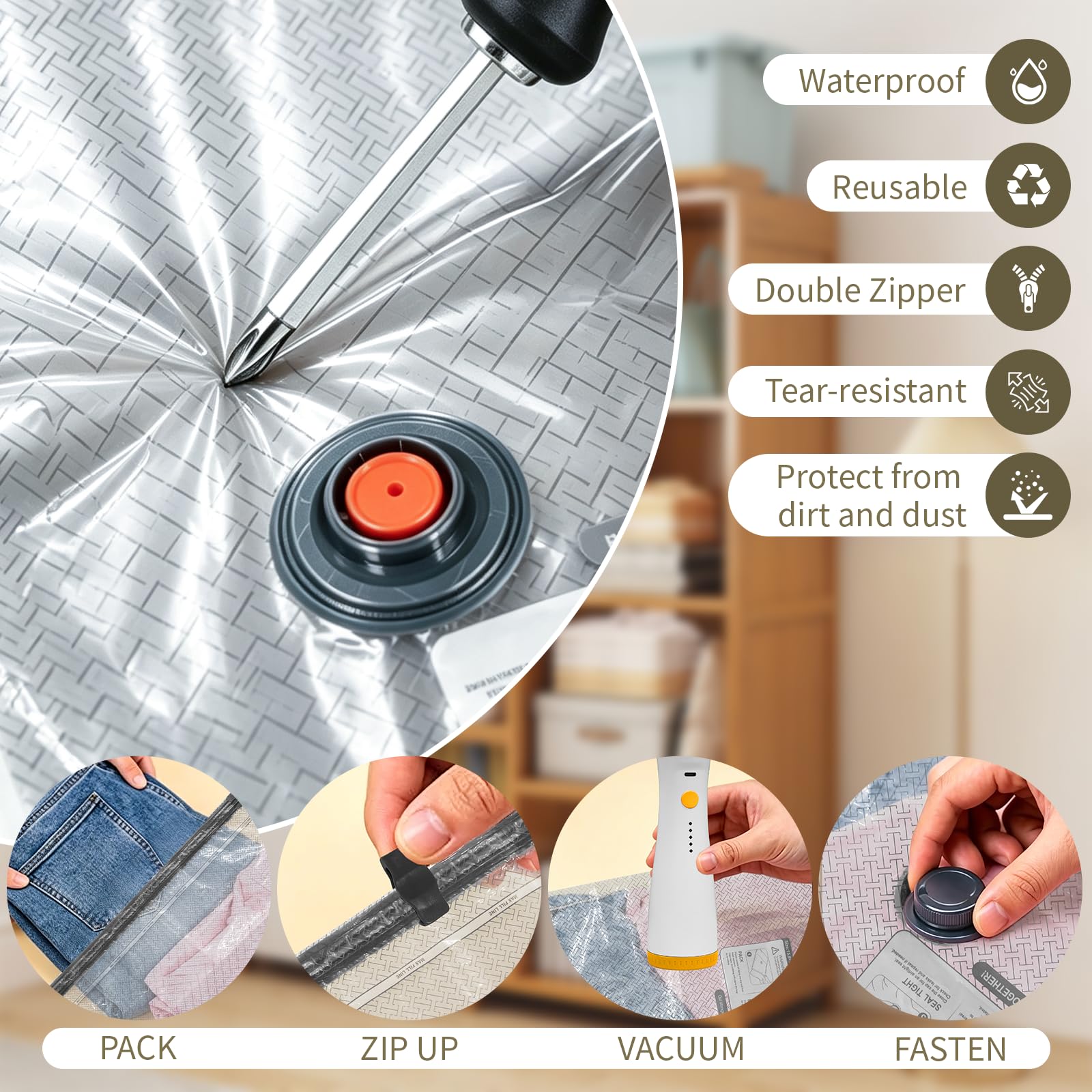 Bolsas de almacenamiento al vacío con bomba eléctrica, bolsas de sellado al vacío recargables para ropa, bolsas portátiles ahorradoras de espacio para viajes y almacenamiento en el hogar, incluye 15