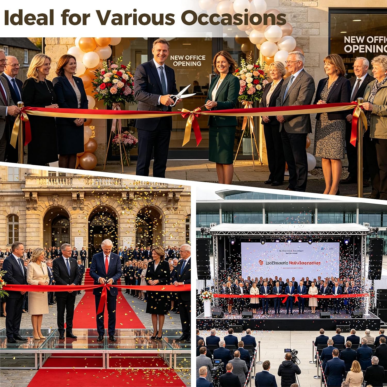 Grand Opening Ribbon Cutting Ceremony Kit, Large Scissors, 157 in Ribbon|Stainless Steel, 12 in Red Flower Ball, White Gloves, for Grand Openings and Business Events