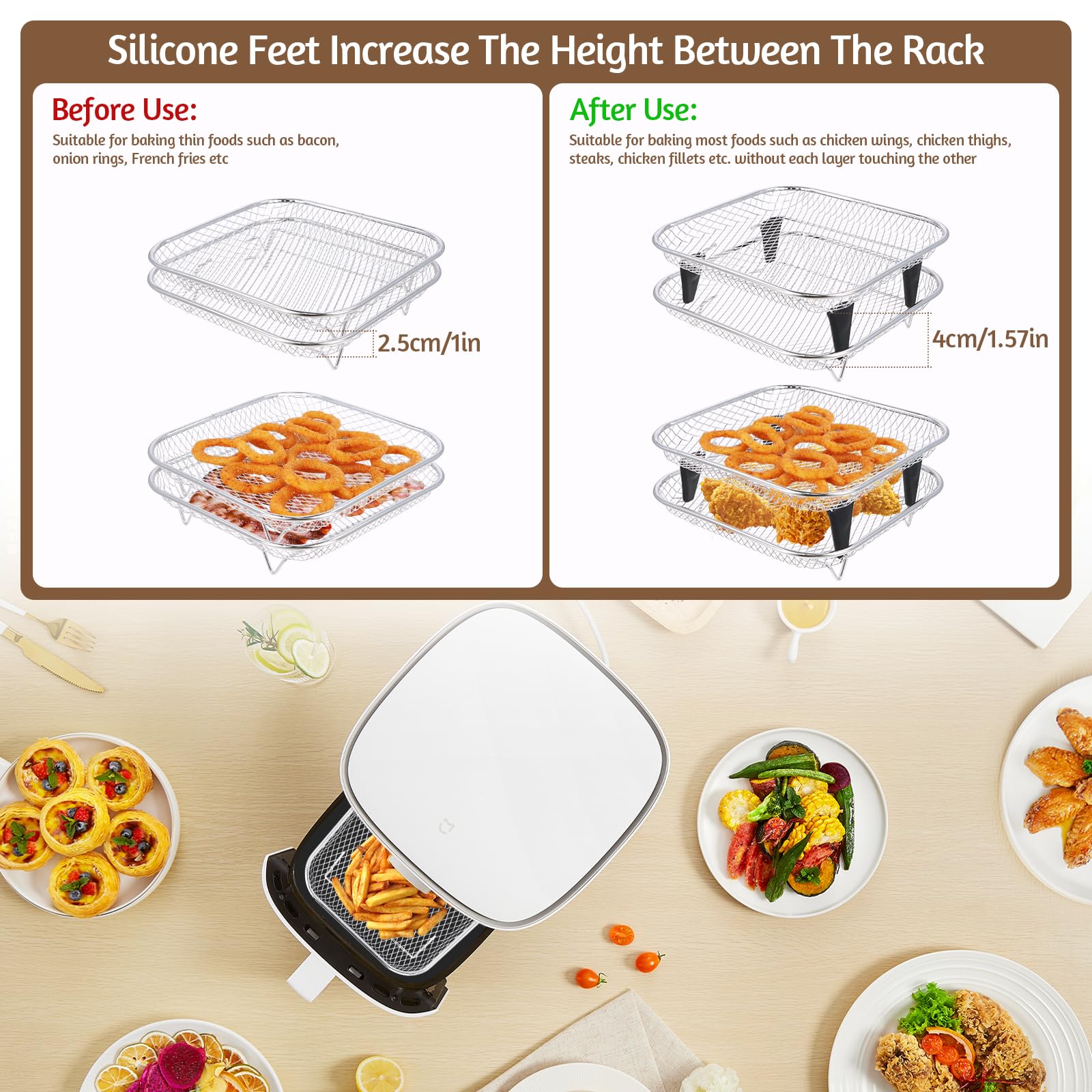 Carrée Air Fryer Rack Empilable en Acier Inoxydable, 20cm Grilles pour Friteuse, Griller Rack Air Fryer Accessoires pour Barbecue, Four, Air Fryer Déshydrateur Rack Grill Rack Air