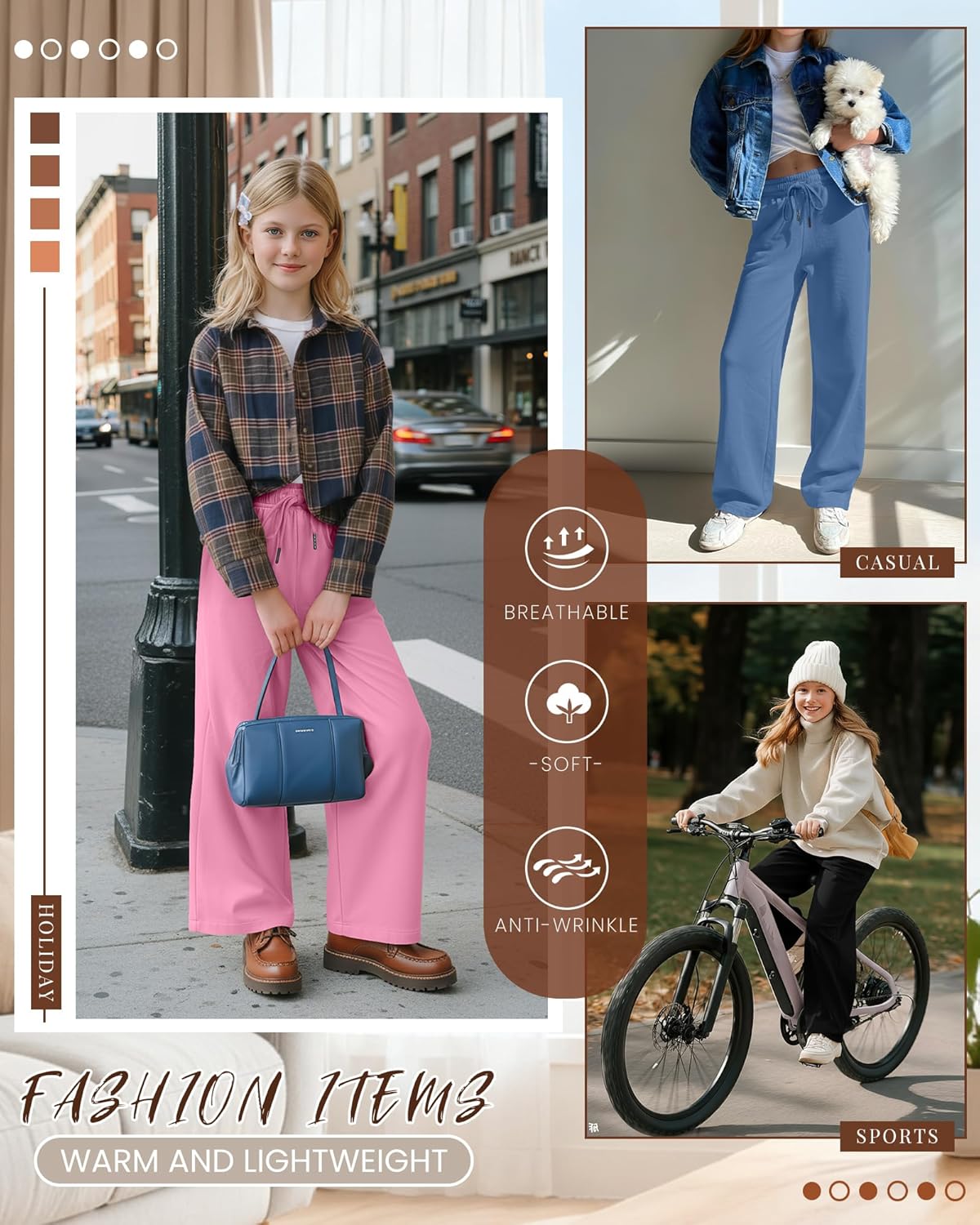 4 Pack Girls Sweatpants 5-14 Years Straight Elastic High Waist Baggy Pants Drawstring Wide Leg Pants Teen Pockets