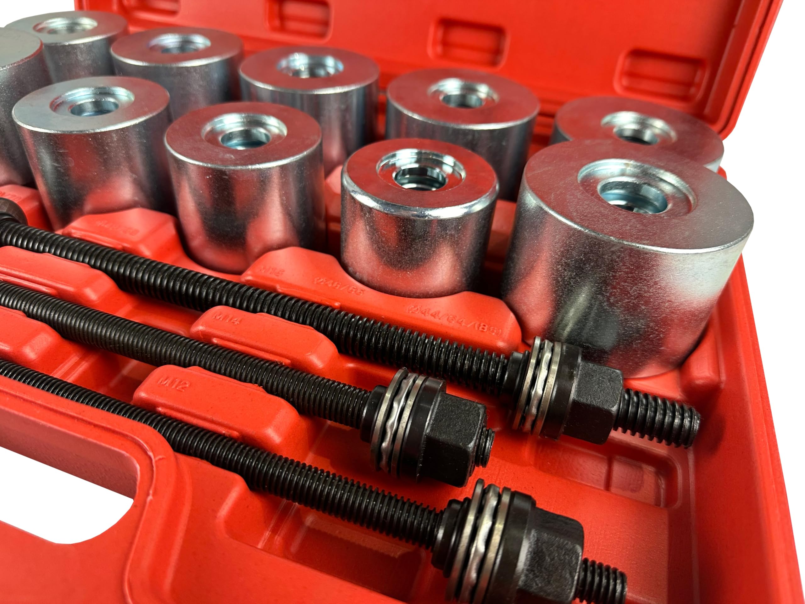 Set estrattore per Silent Block 34–90 mm e boccole con 22 Manicotti di pressatura e 5 Mandrini e Dadi, Kit per rimozione di boccole con Cuscinetti di Tenuta per Auto Camion