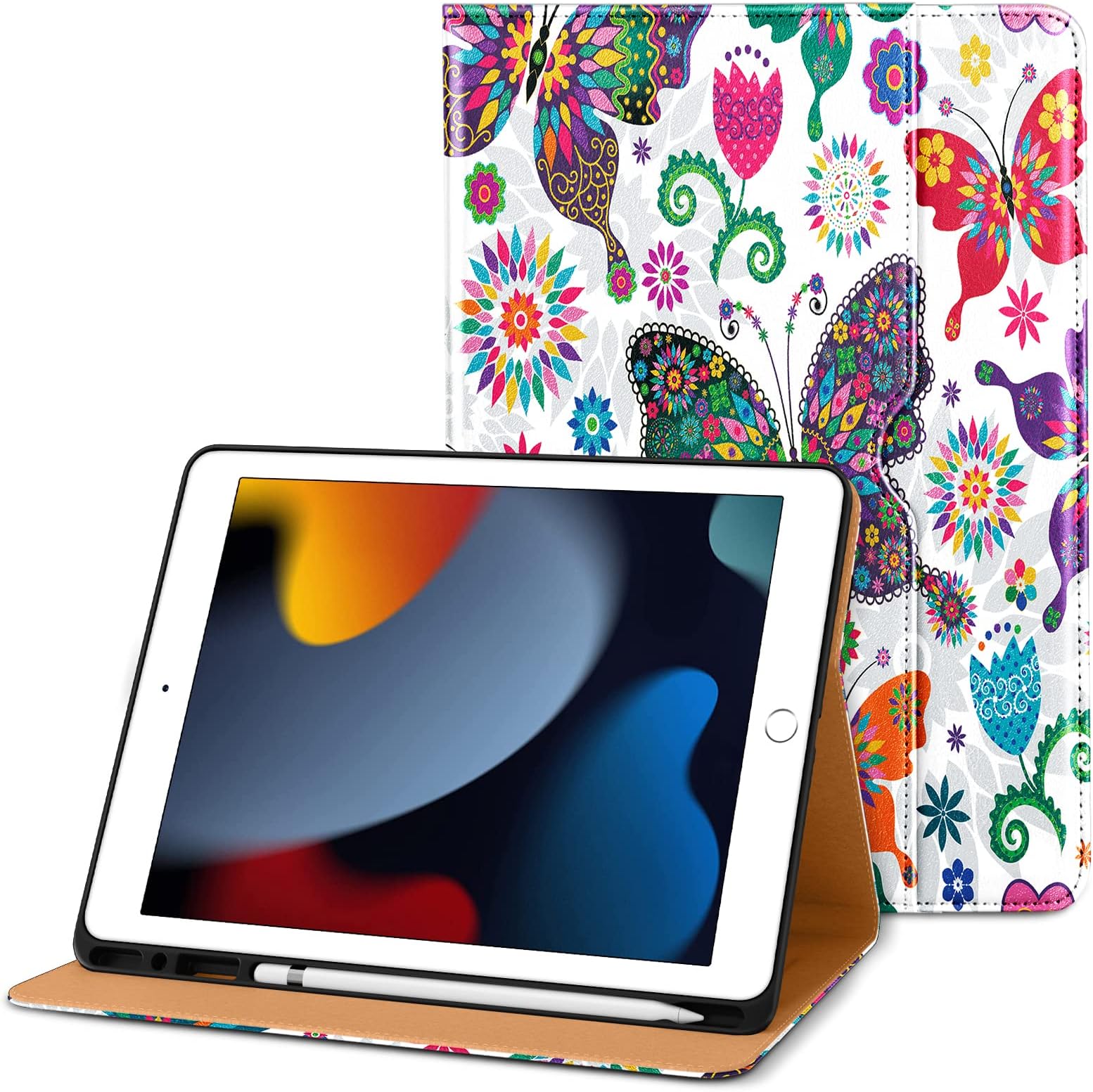 DTTO for iPad 9th/8th/7th Generation 10.2 Inch Case 2021/2020/2019, Premium Leather Business Folio Stand Cover with Apple Pencil Holder - Auto Wake/Sleep and Multiple Viewing Angles, Butterfly