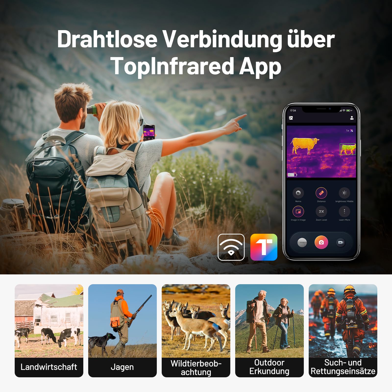 TOPDON TS004 Wärmebildkamera Jagd, 320x240 TISR IR-Auflösung 50Hz Wärmebild-Monokular, 13mm Objektiv, 11h Laufzeit, 410m Erfassungsreichweite, Wärmebild-Nachtsichtgerät mit 8X Zoom,32GB Speicher,WiFi