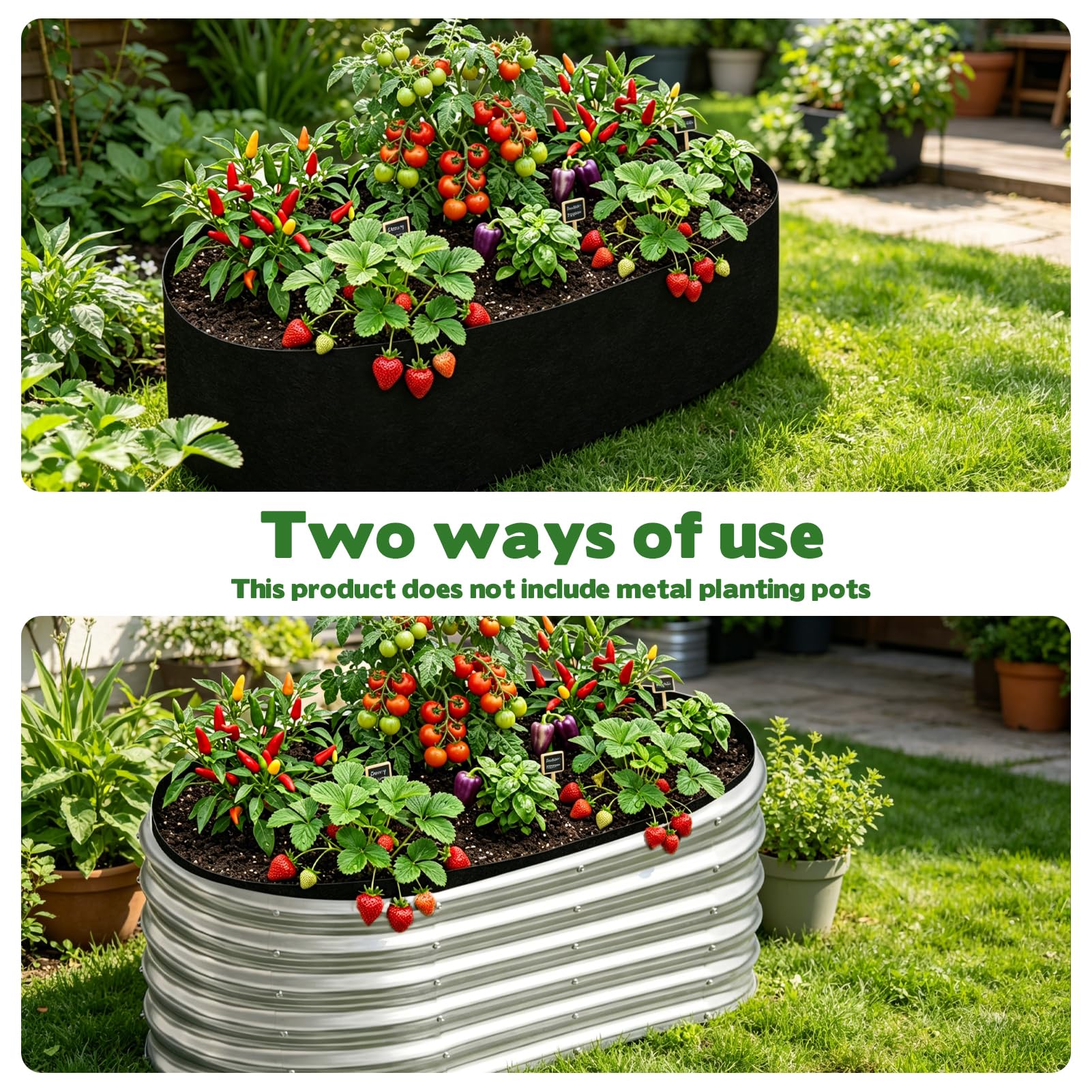 Lot de 2 sacs de revêtement de parterre de jardin surélevés, ovales et respirants, 1,2 x 0,6 x 0,3 m, avec clips et gants, sacs de culture pour plantation de légumes, fleurs et herbes