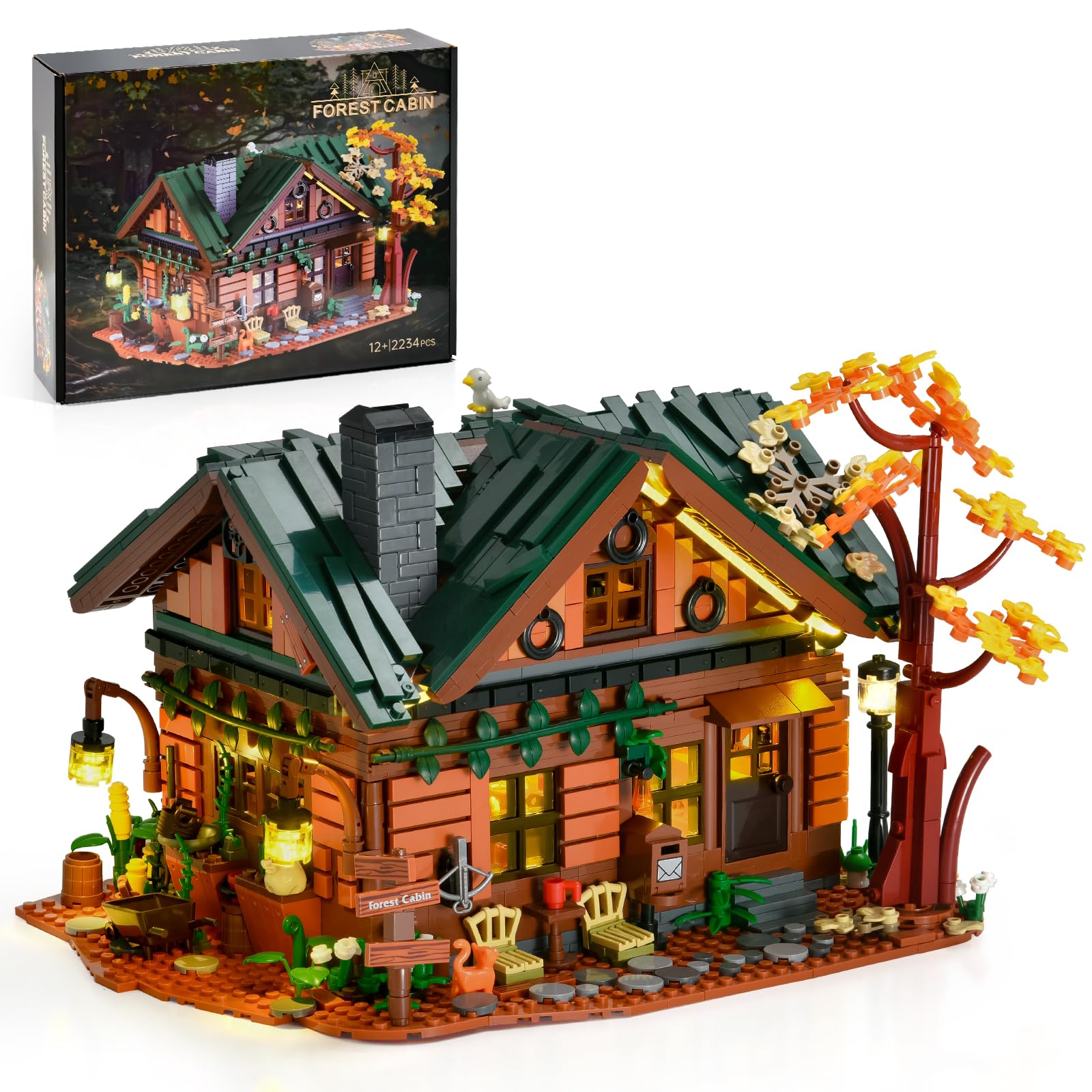 Wood Cabin Building Set with Light,2234 PCS Forest Cabin Building Collection Display Set,Buildable Model Kit for Adults and Teen 14+,Gifts for Nature