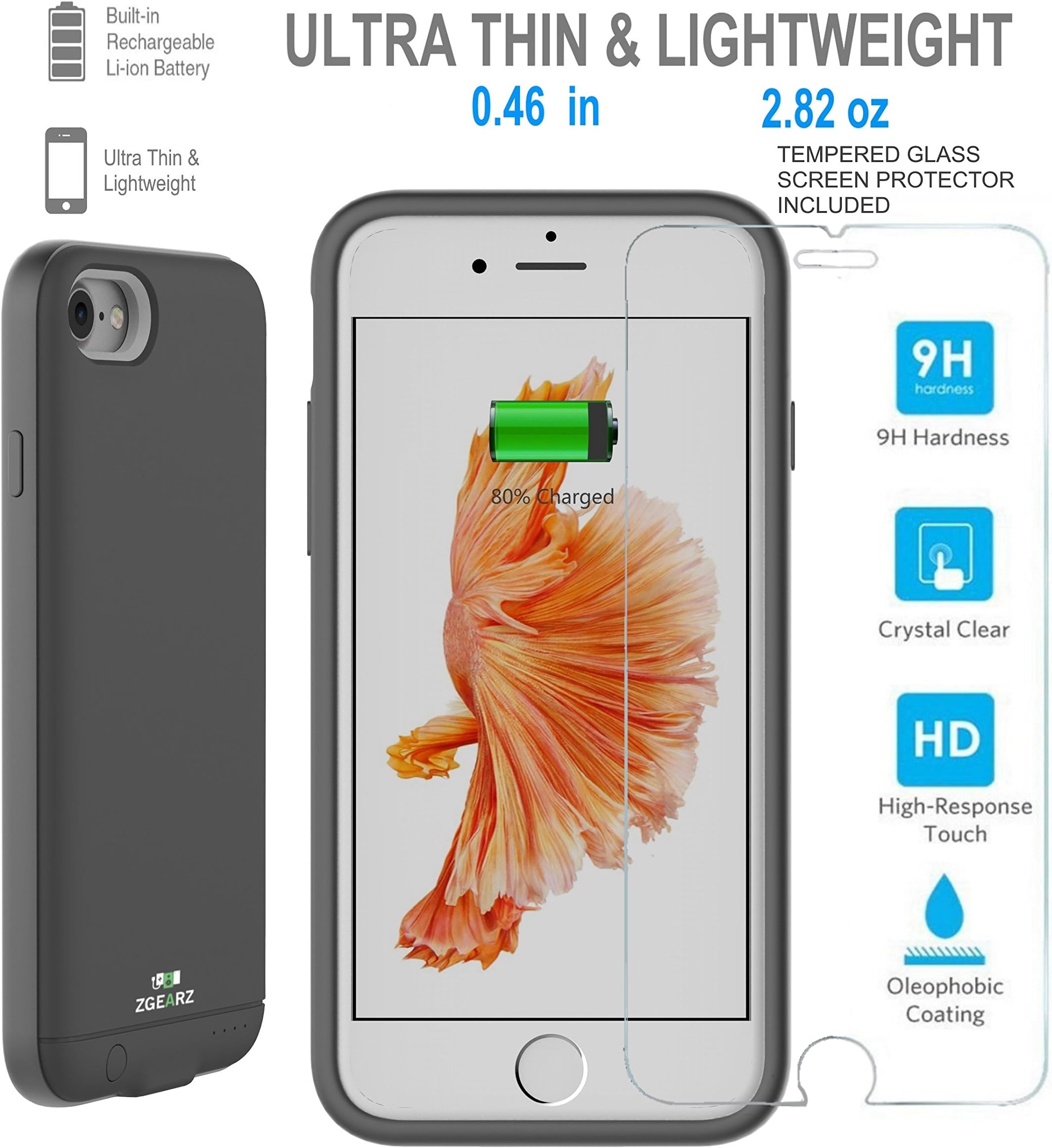 iPhone 7 Ultra Thin Battery Case, ZgearZ 2400mAh Charger Extender Rechargeable Power Pack. Use This Portable Protective Charging Cover Cases as Backup Power. Includes Tempered Glass Screen Protector
