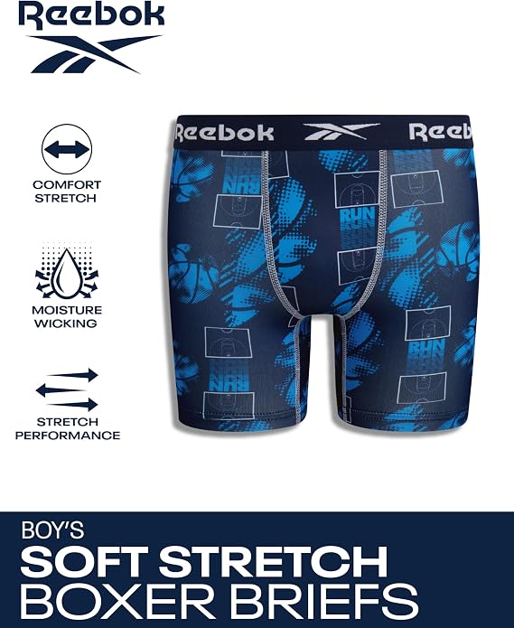 Reebok Boys Underwear 10 Pack 5'' Inseam Moisture-Wicking Boxer Briefs