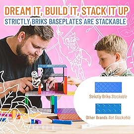 Strictly Briks Stackable Baseplates - Compatible with Lego, 6 x 6 in Baseplates for Buidling Blocks, Display Tower, Expand Vertical Builds, 4 Baseplates & 30 Stakcers, Kids, Blue Grey