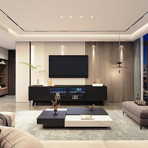 Miniatura 6 de Hlivelood Soporte de TV moderno de 74 pulgadas de mediados de siglo para TV de 7585 pulgadas, soporte de TV de madera maciza con luz LED