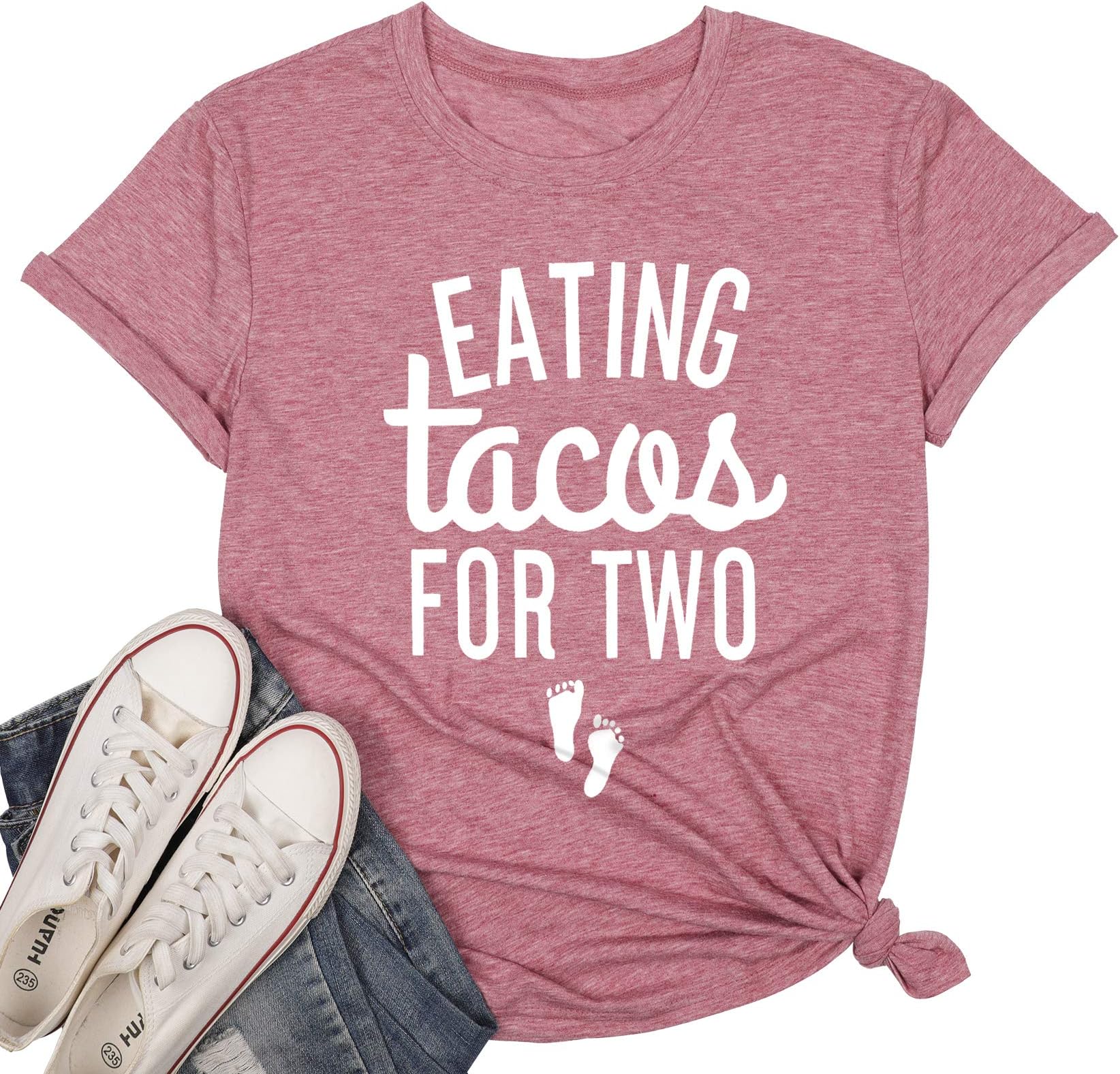 MYHALFEating Tacos for Two Maternity Shirt Cute Graphic Letter Print T-Shirt Pregnancy Announcement Short Sleeve Tees Tops Pink