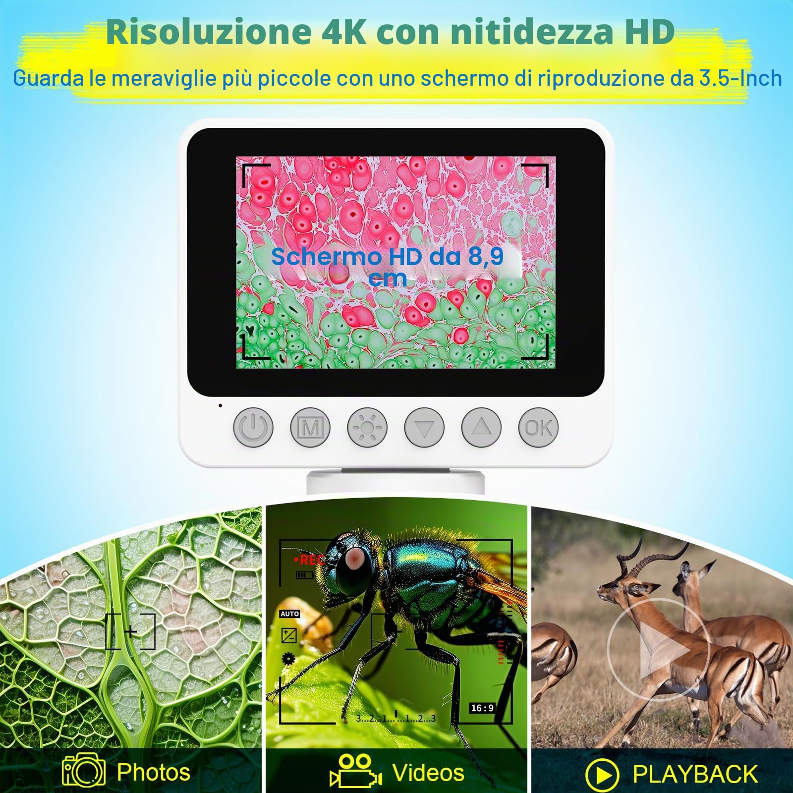 Microscopio tascabile digitale portatile per bambini, 1000X lente d'ingrandimento con luce per monete, gioielli, lettura, scienza, apprendimento