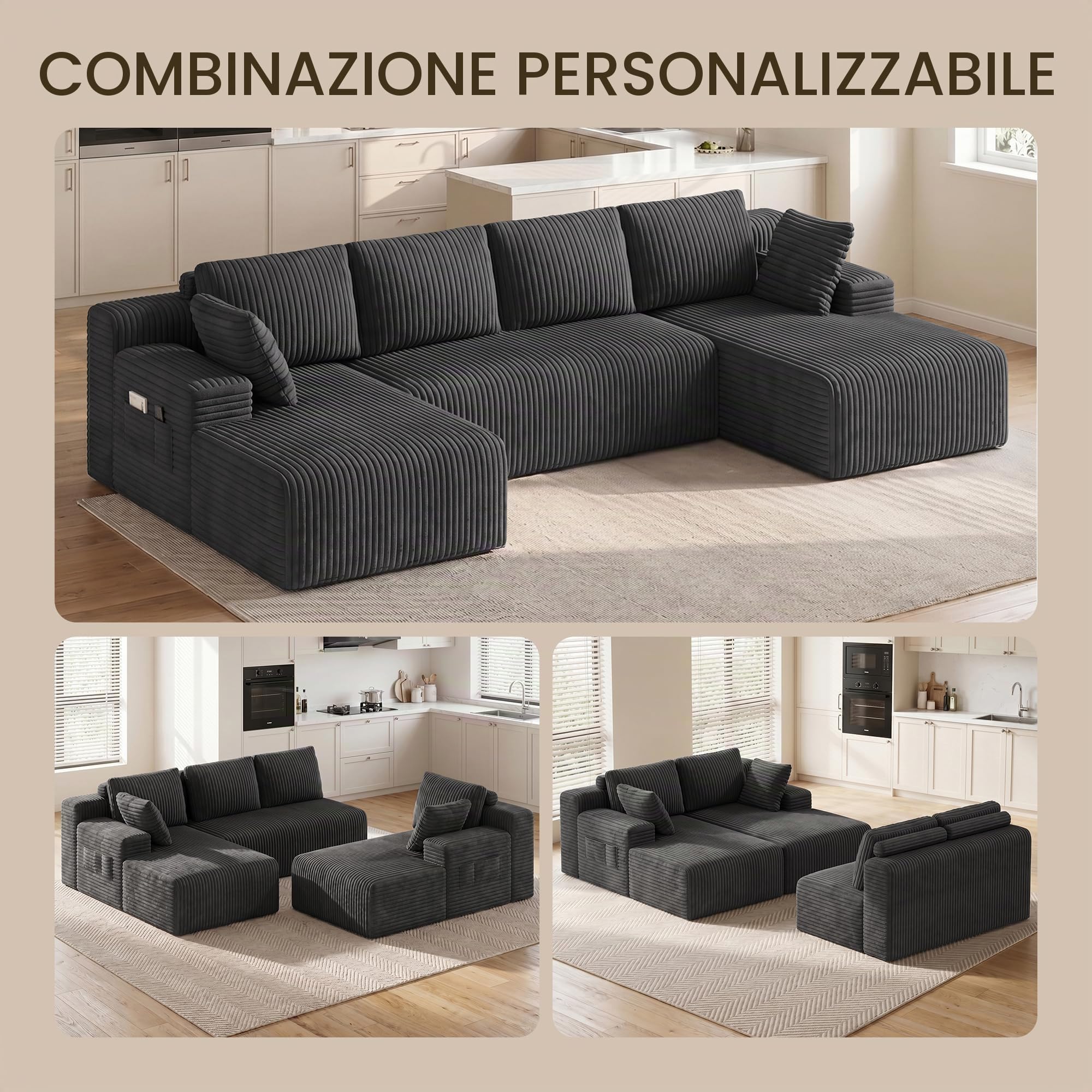Xbro Divano Angolare Modulare a U in Velluto a Coste, Divano Componibile Grande 4 Posti con Seduta Profonda e Tasche Laterali, Divano Relax per Soggiorno Famiglia Open Space, 320 x 160 x 62 cm